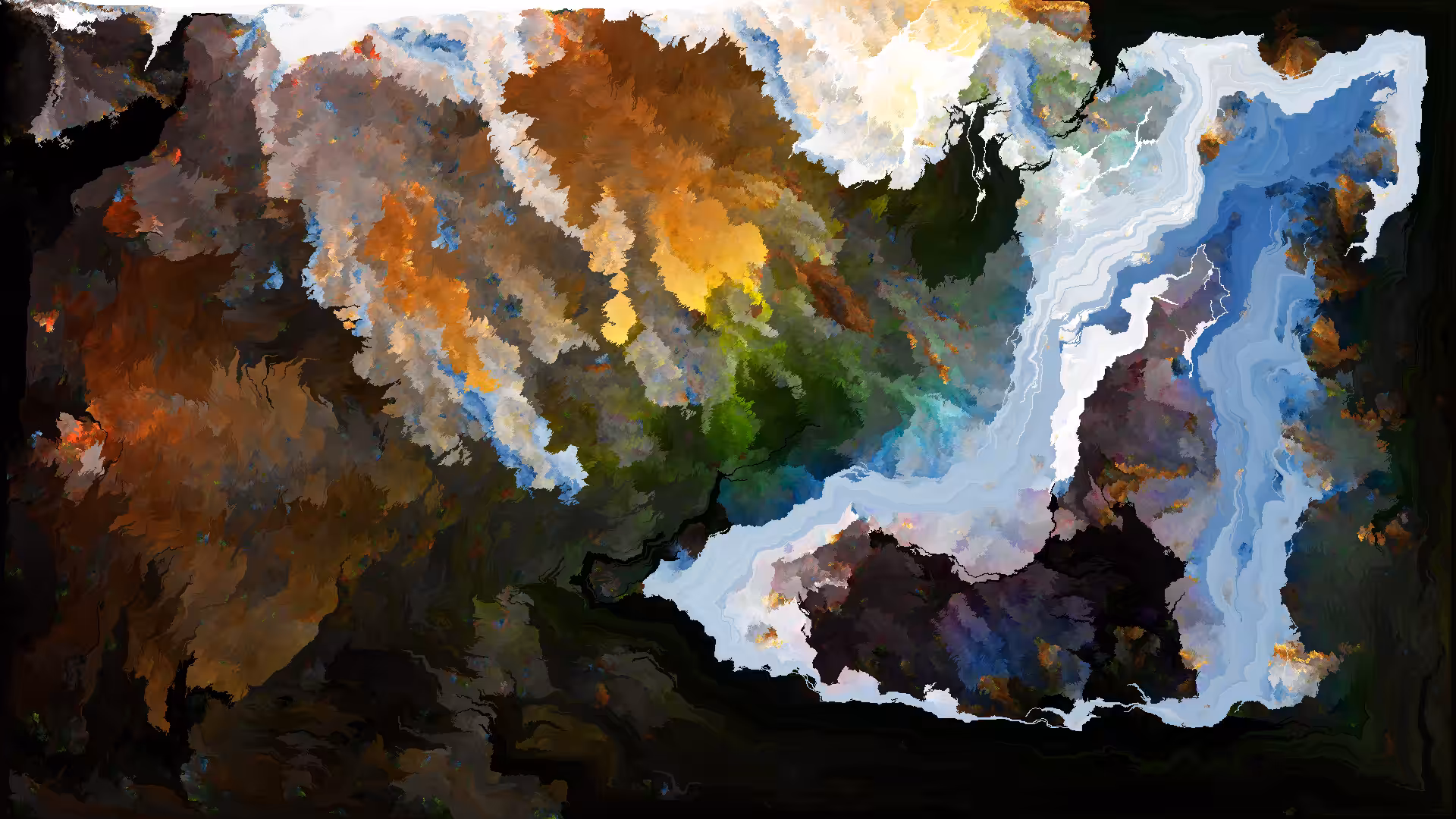 I see swirling colors, possible trees and some water.  Abstract but still definable.