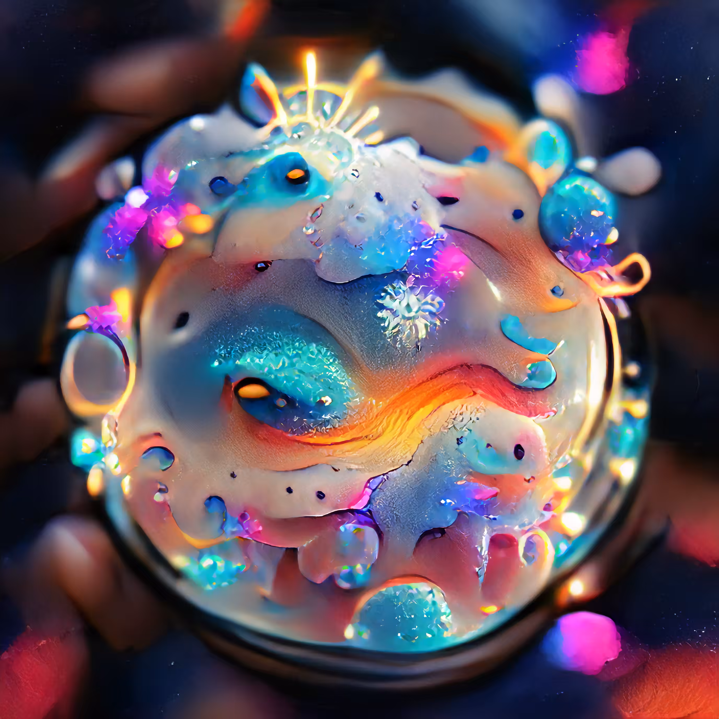 "Atomic Amoeba Snow Globe" - blueberry rainbow