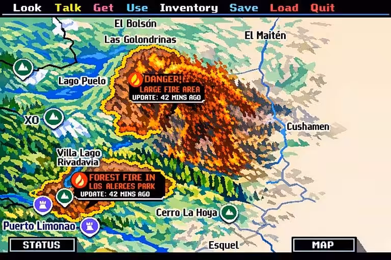 a map of patagonia fires as a videogame