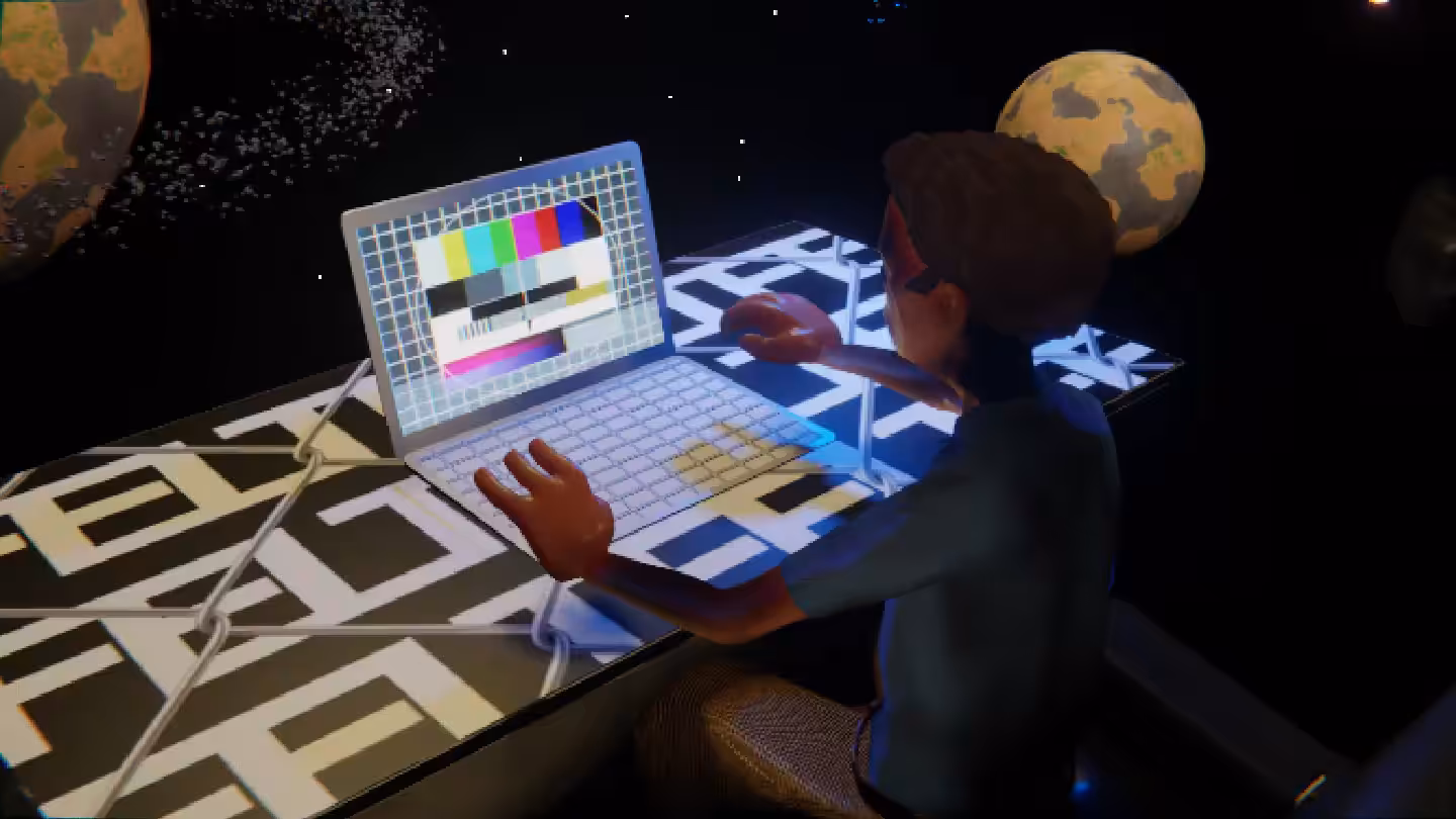 Desktop #101: The Developer in the Eames Chair With a Drone and a Please Stand By Monitor on a Barbed Wire Table in Space