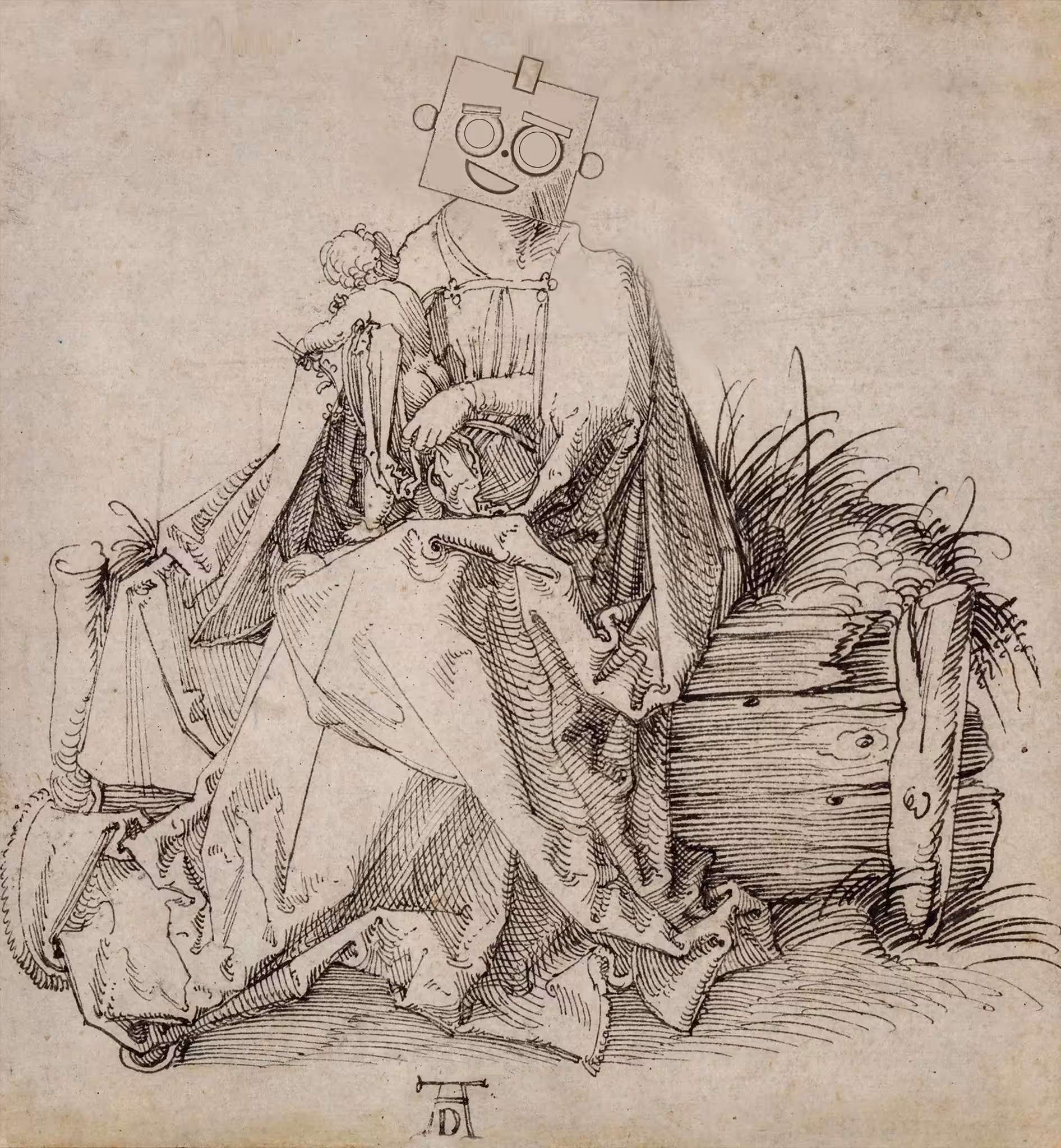 The Ham and Child with a Flower on a Grassy Bench