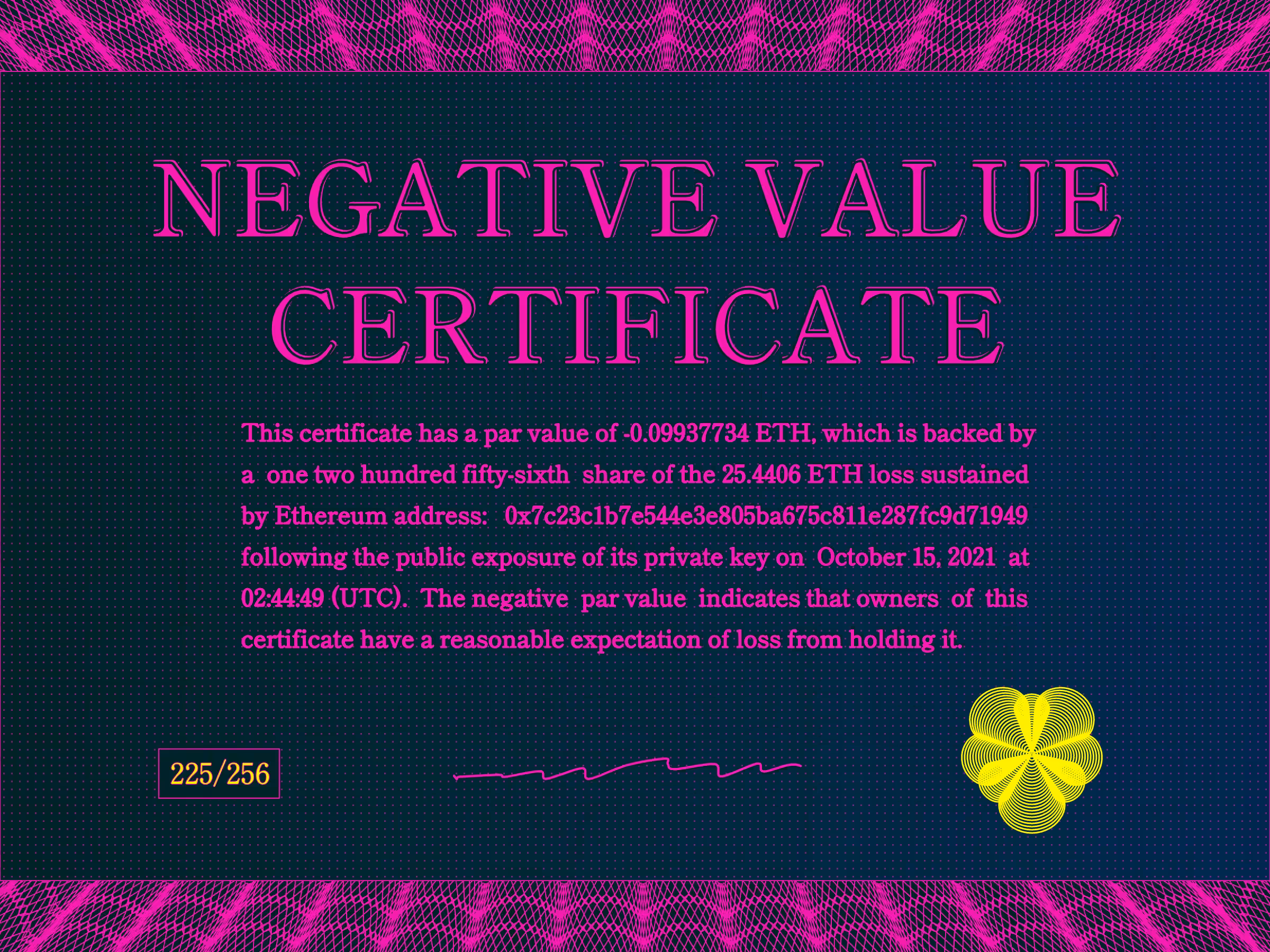 Negative Value Certificate #225 of 256