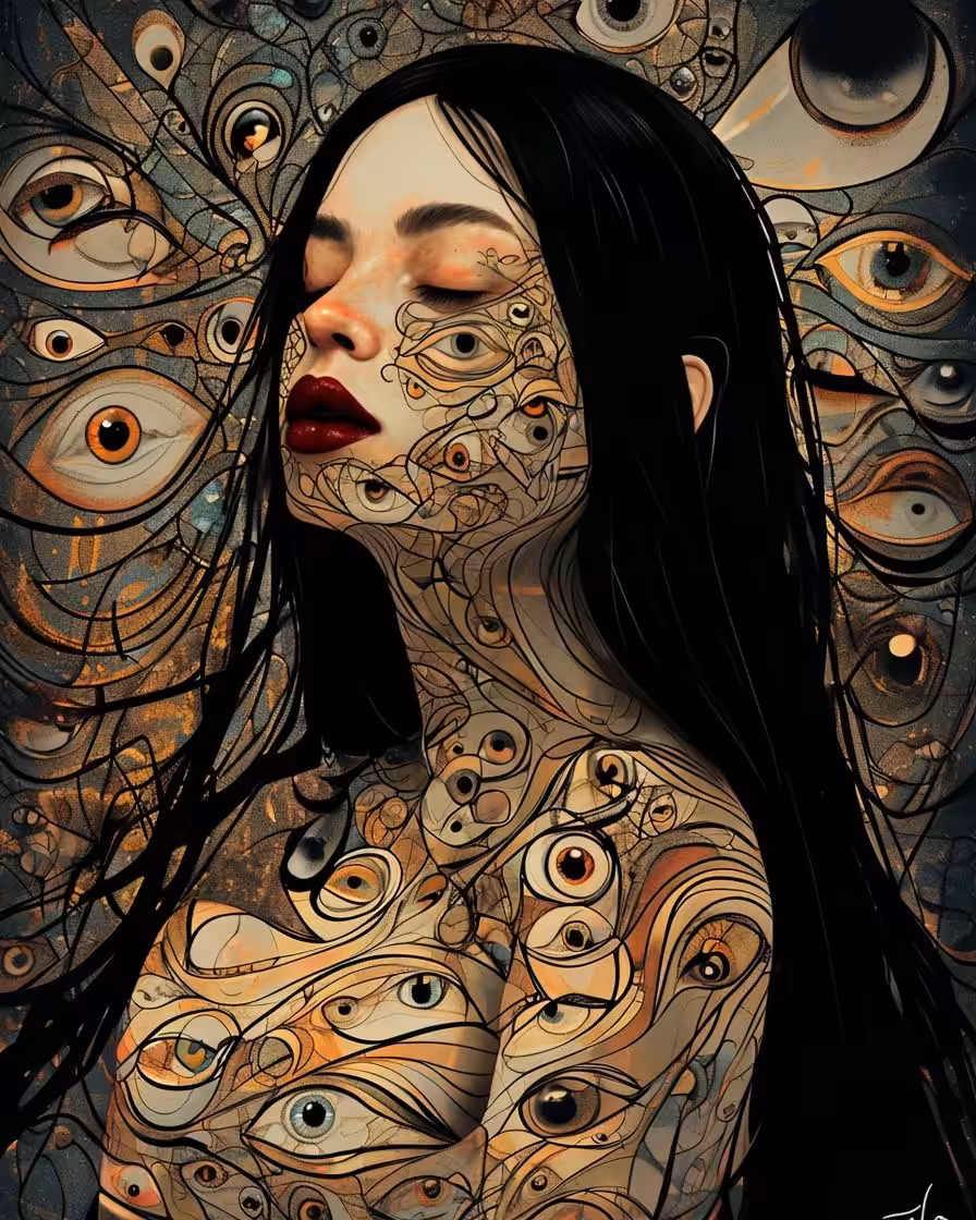 Surreal Digital Illustration of Woman with Mosaic Patterns