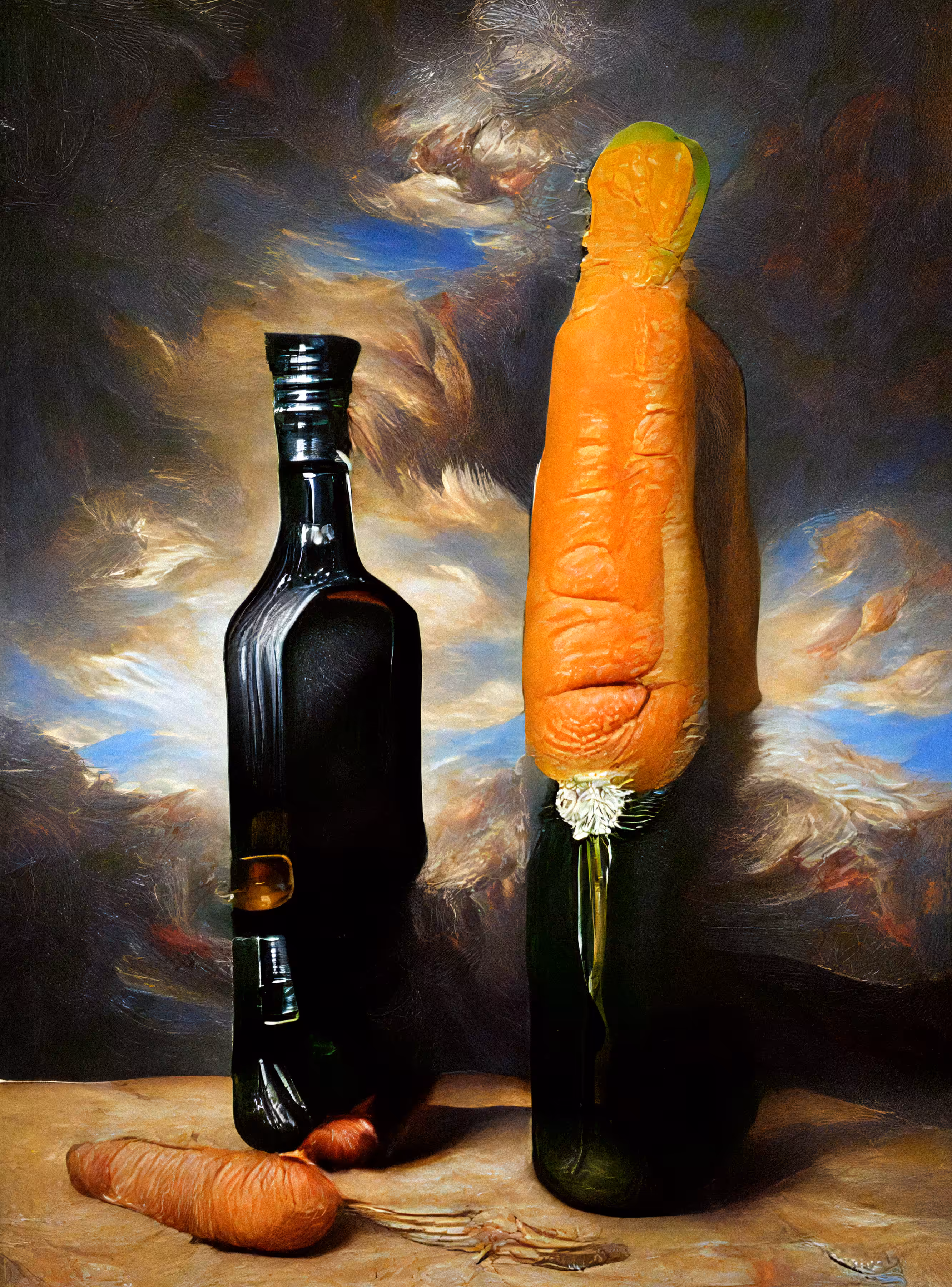 Bottle and a carrot after René Magritte
