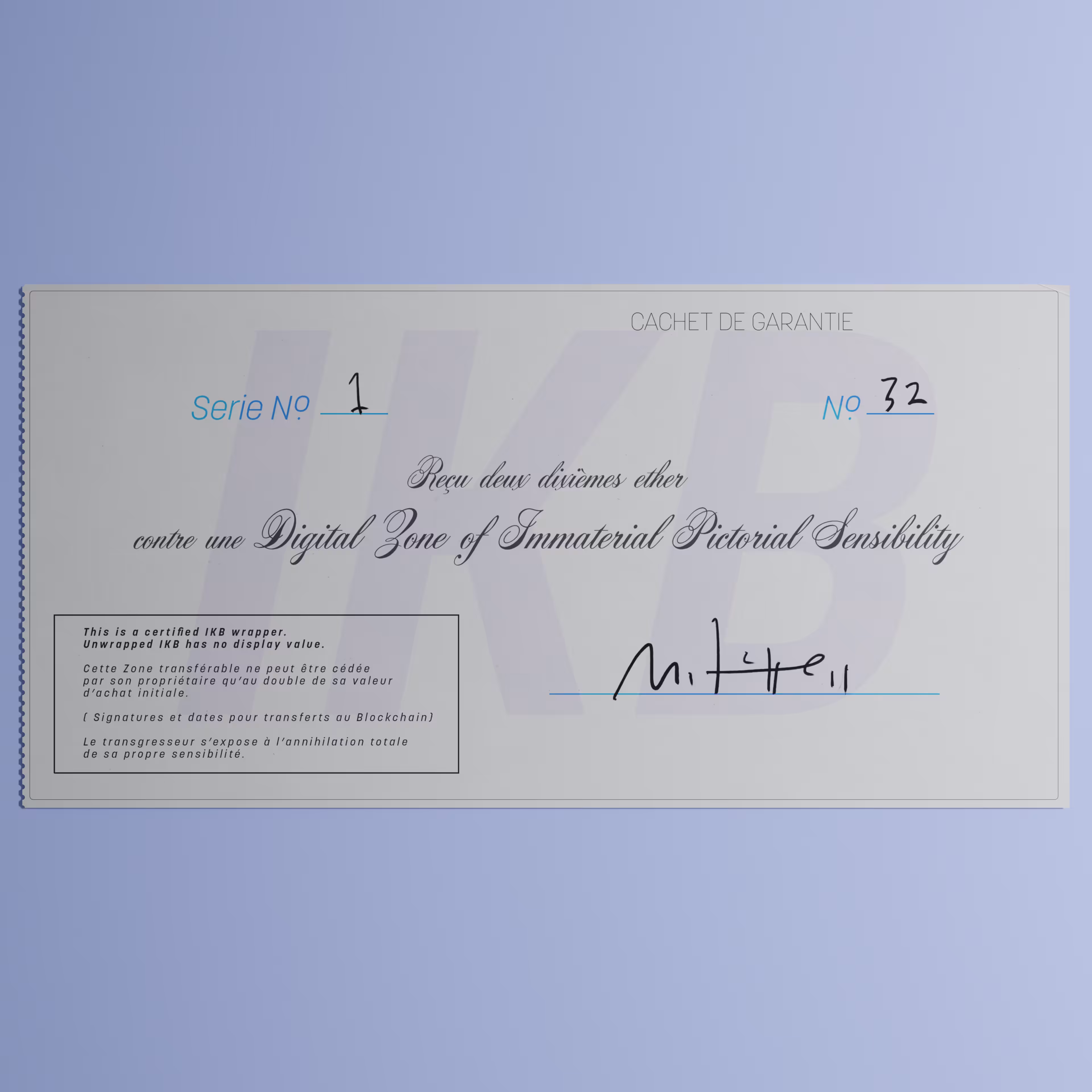 Digital Zone of Immaterial Pictorial Sensibility, Series 1, Edition 32. (Wrapped)