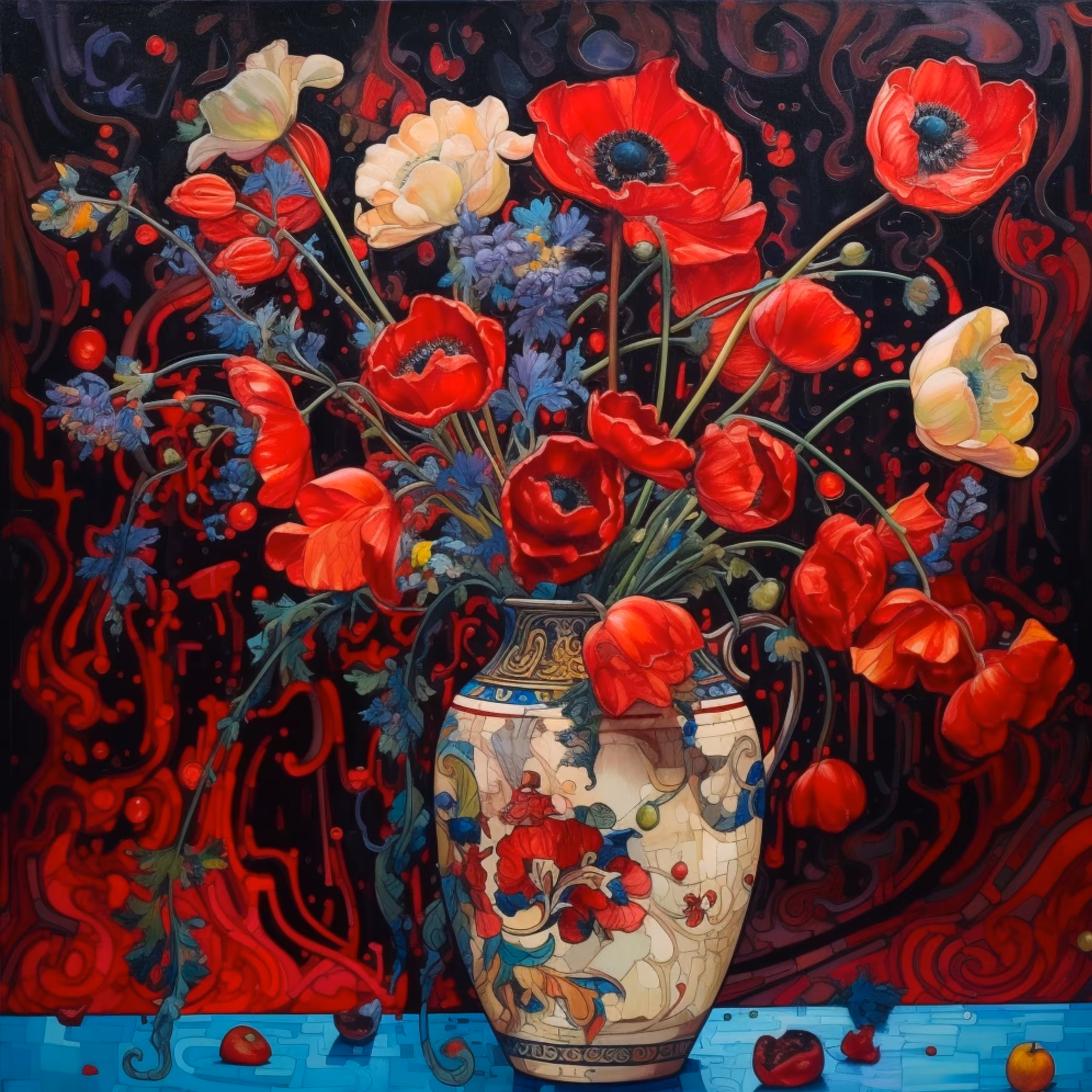 Chinese vase. Red flowers 