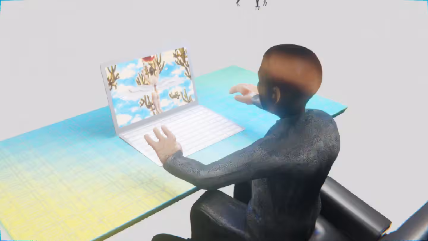 Desktop #98: The Business in the Eames Chair With a Drone and a Gardens Monitor on a Green FELT Zine Table in The Void