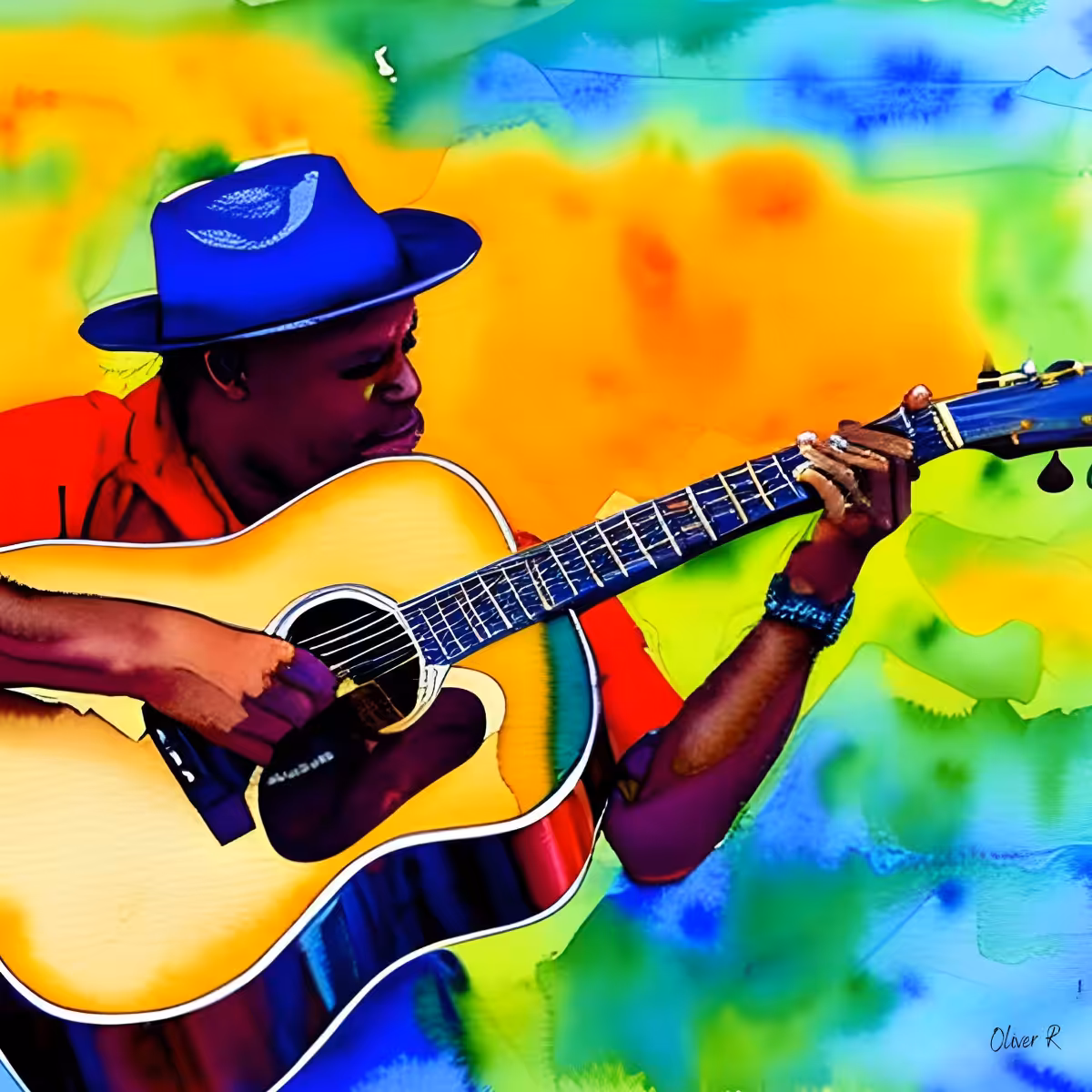 "Cuban Guitarist" signed by "Oliver R"