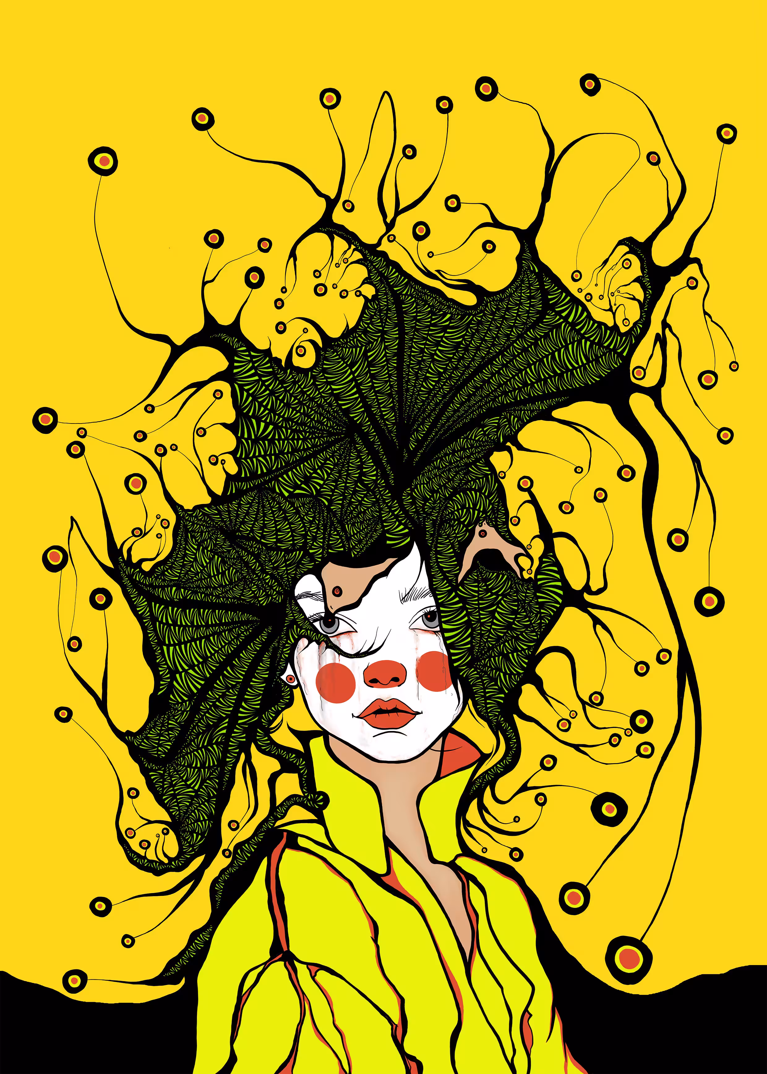 Sad clown girl wit wild bats 