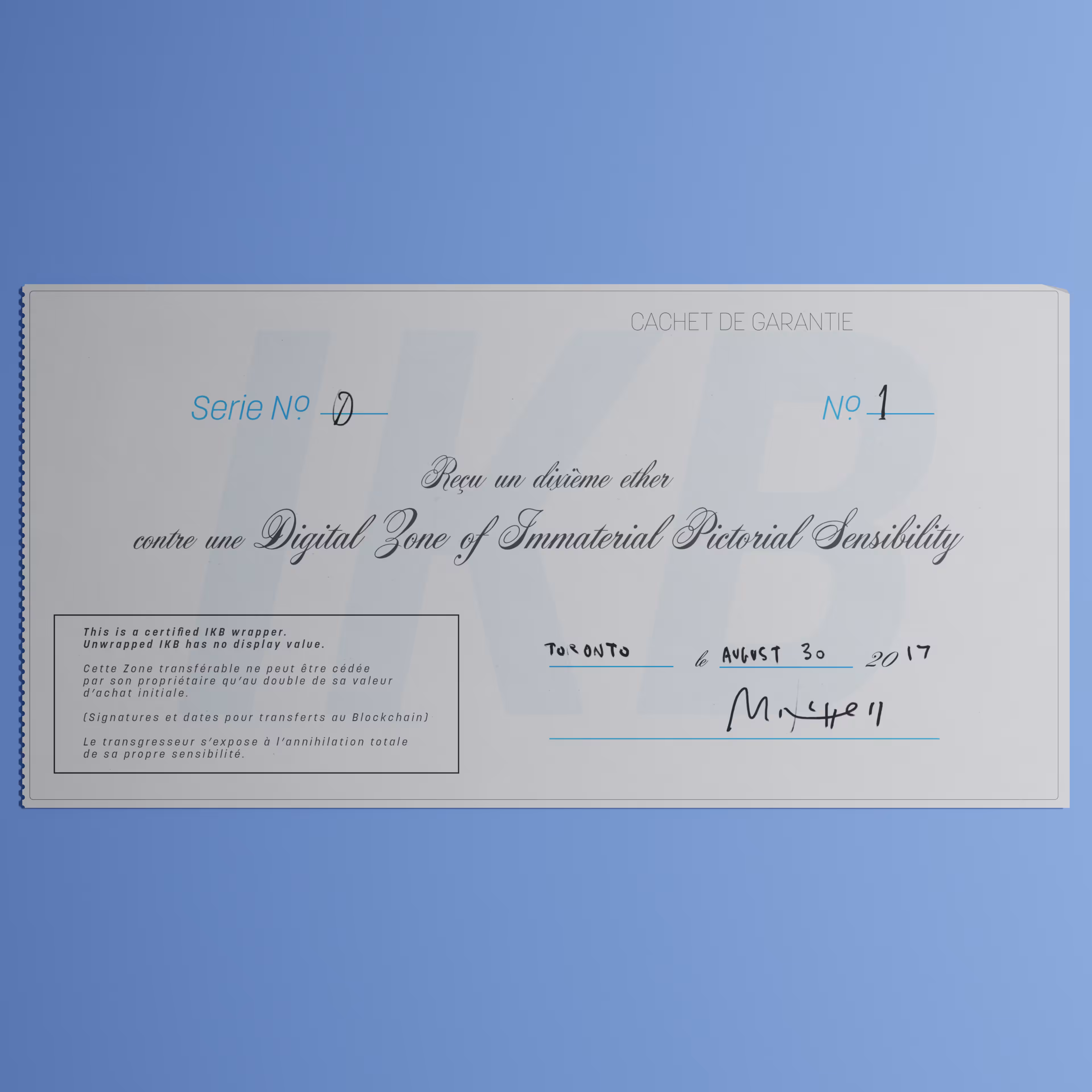 Digital Zone of Immaterial Pictorial Sensibility, Series 0, Edition 1. (Wrapped)