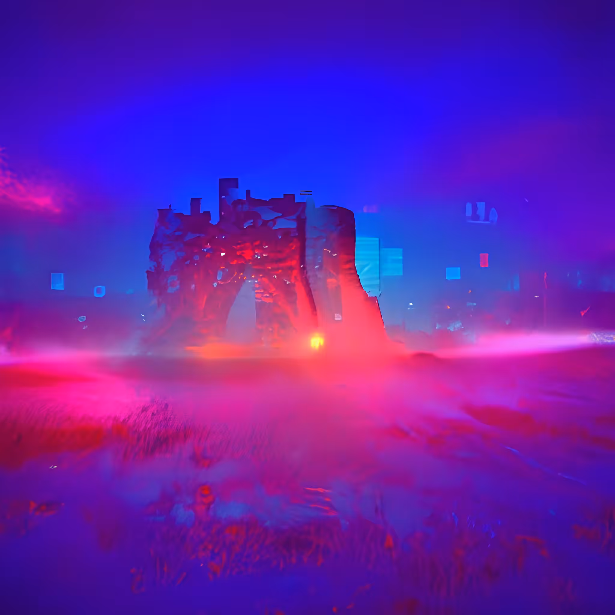 Castle ruins within a Cyberpunk landscape at night