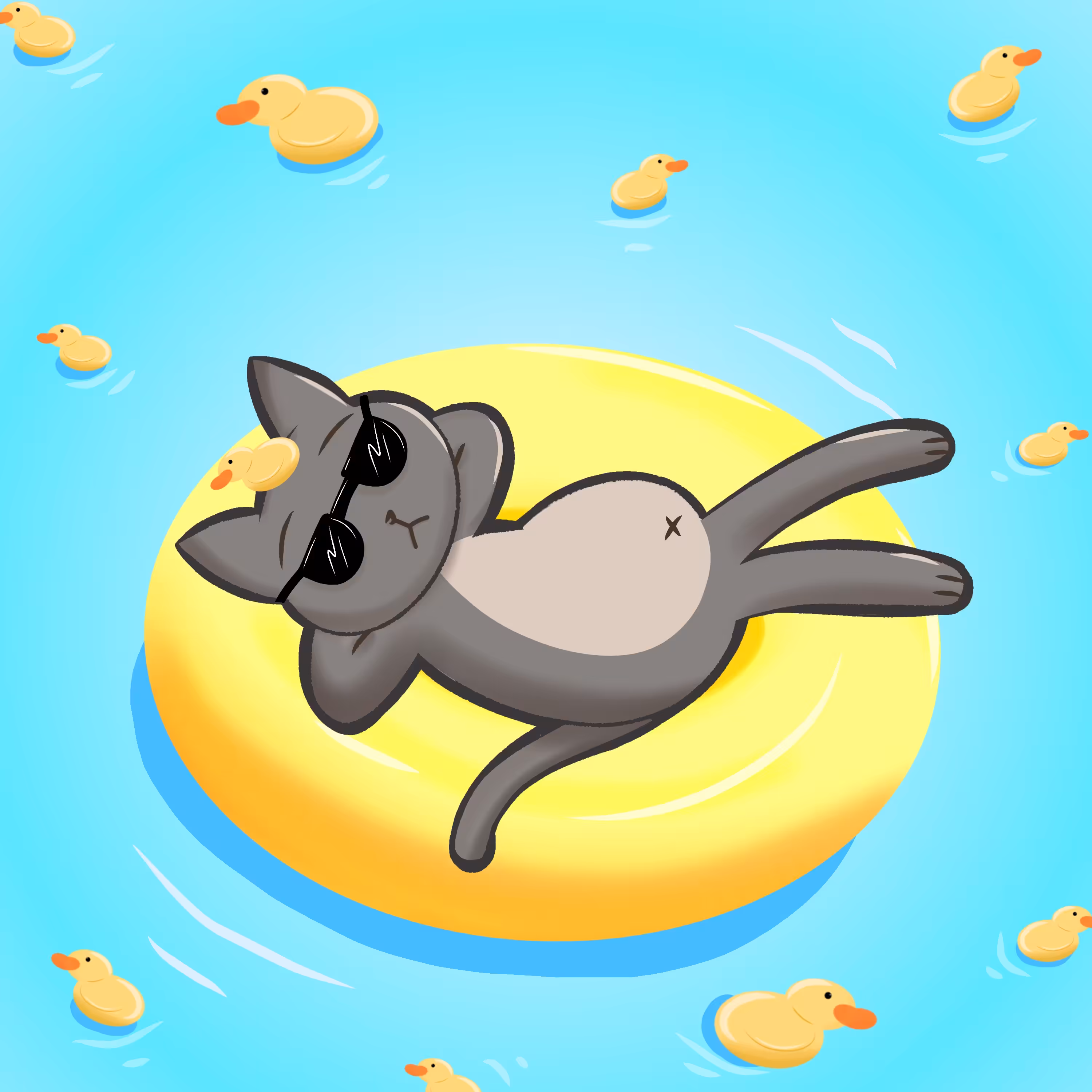 Meow so cool in the pool with duck.