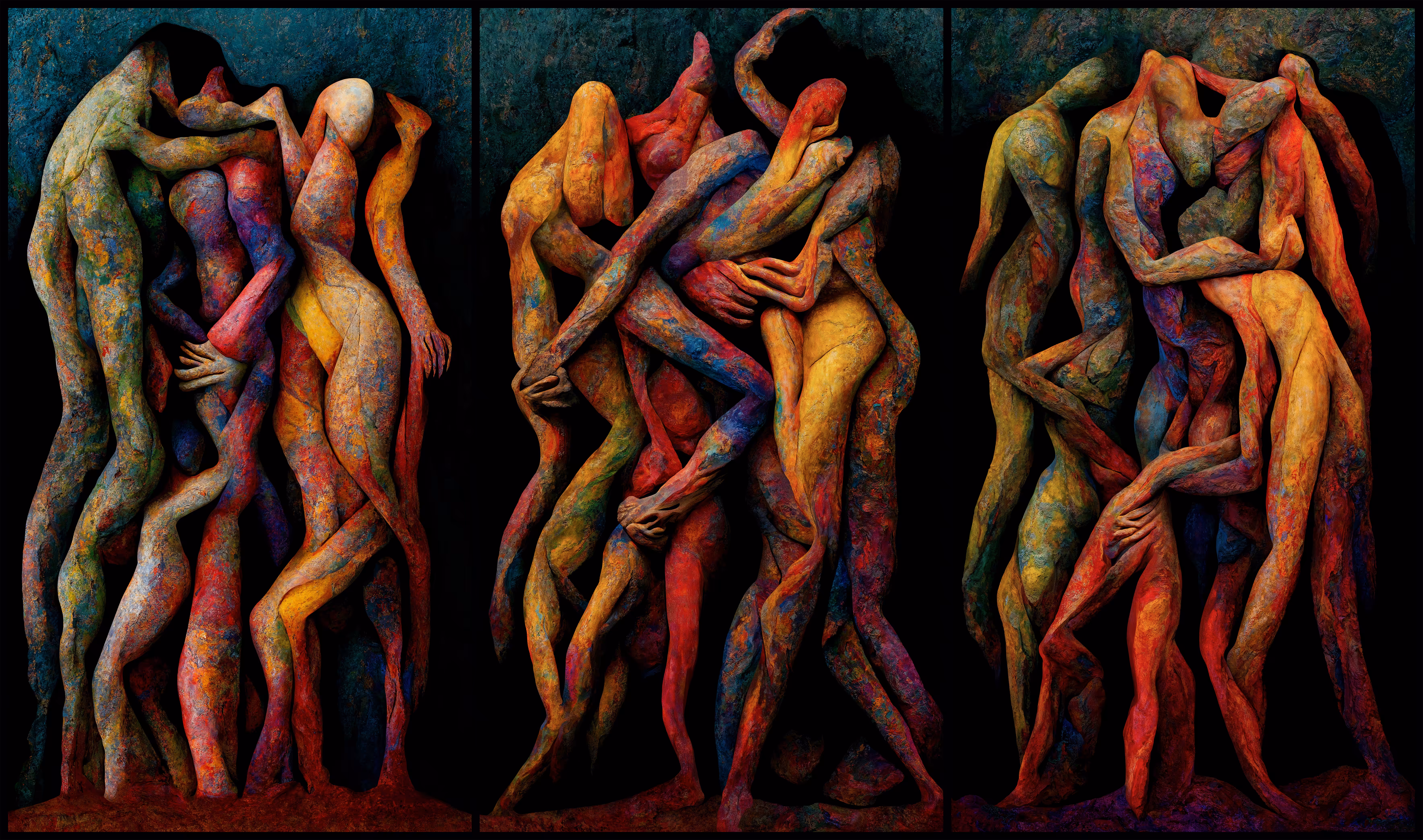 Tryptich: Polyamour mon Amour, Left panel: L'Évidence Impromptue , Mid panel: L'Infinité des Prémices, Right panel: Éclats et Chuchotements