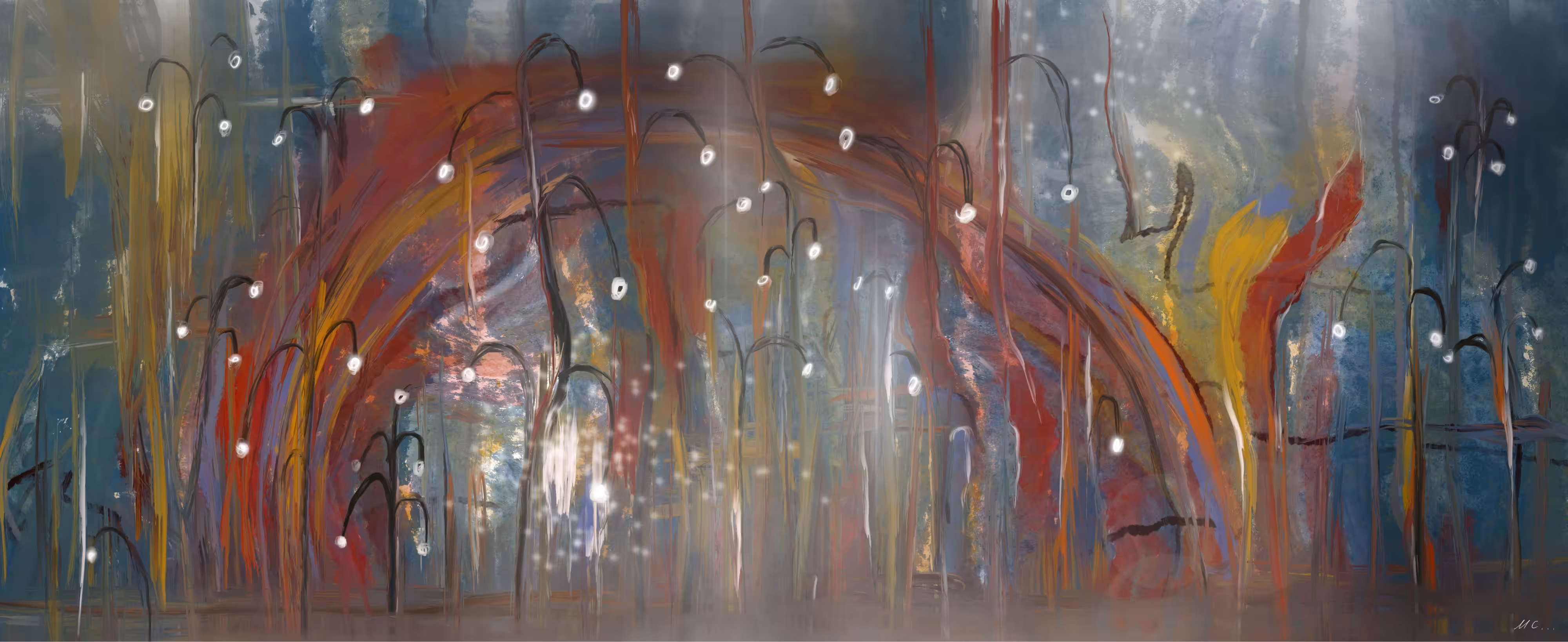 Rainbow among street lamps