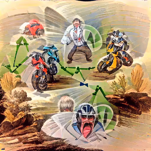 "A scientific illustration of a man panicking as he inadvertently transforms into a motorcycle"
