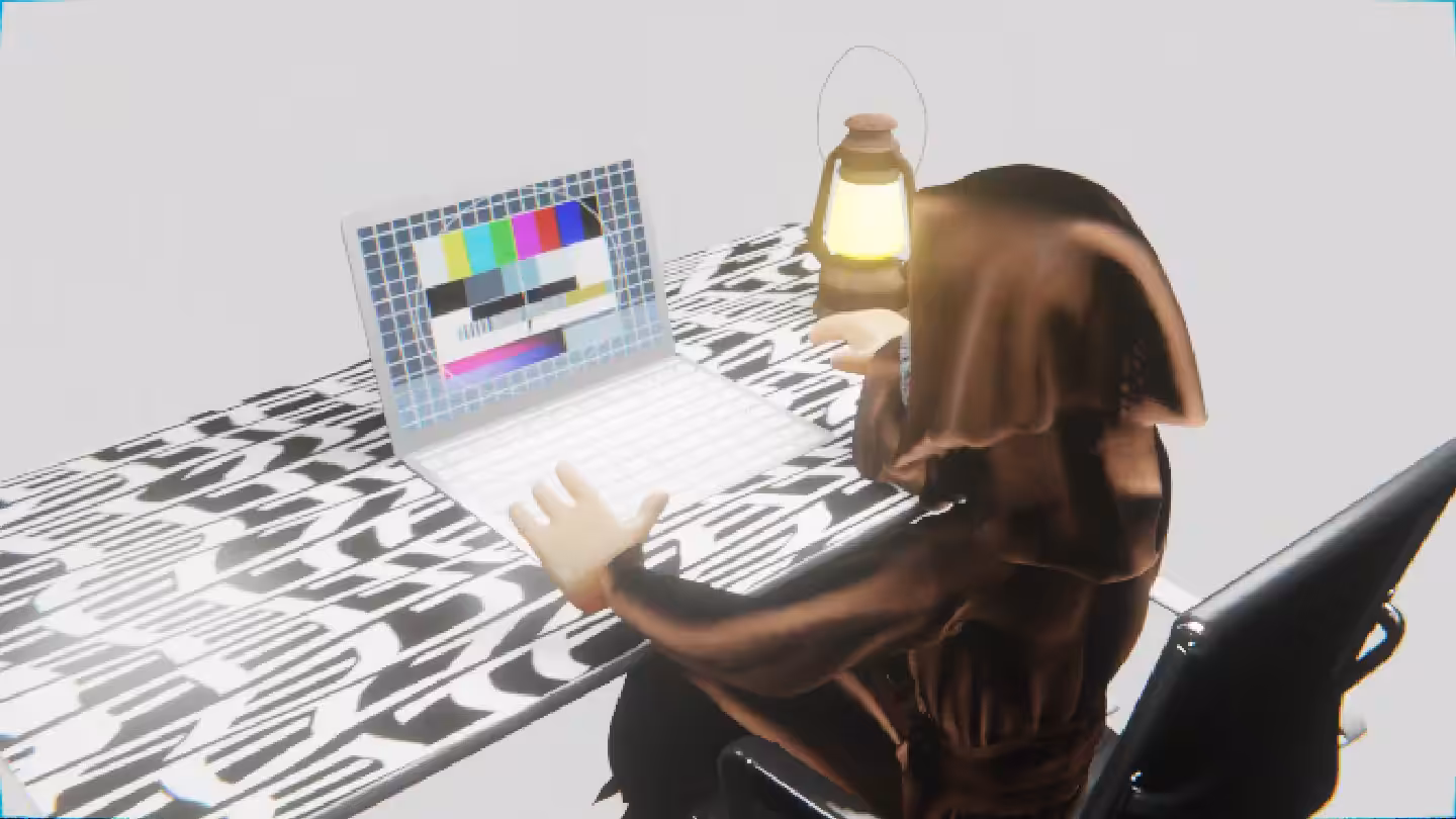 Desktop #20: The Guru in the Black Slim Chair With a Gas Lamp and a Please Stand By Monitor on a Pattern Table in The Void