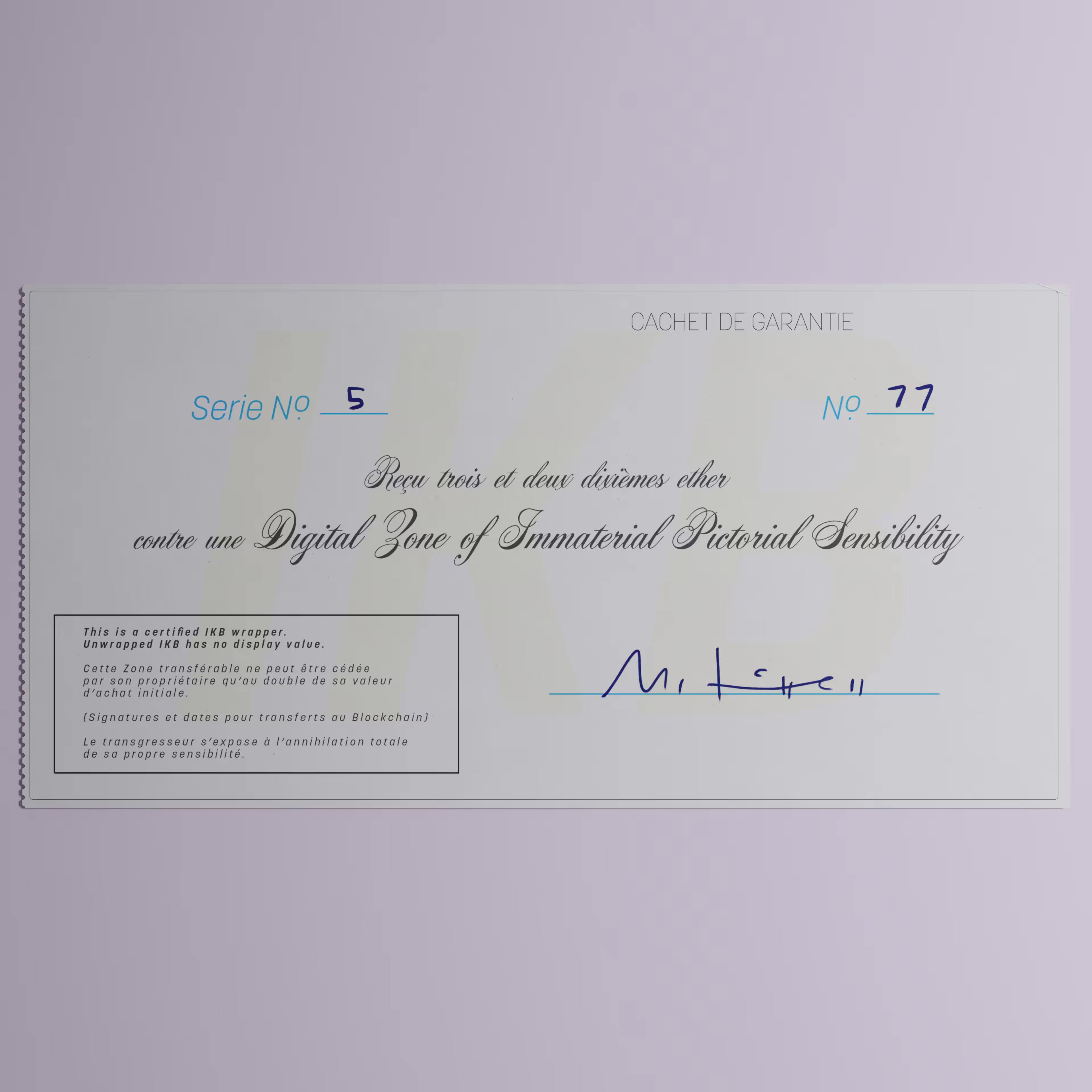 Digital Zone of Immaterial Pictorial Sensibility, Series 5, Edition 77. (Wrapped)