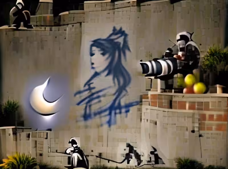 Banksy paints on a wall in the moonlight