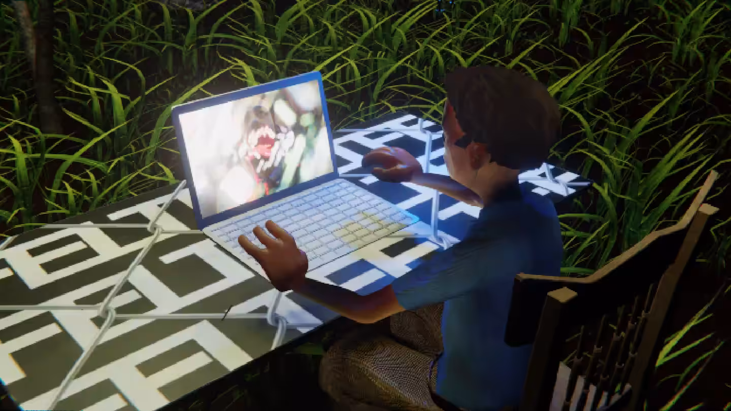 Desktop #308: The Developer in the French Wood Chair With a Drone and a Algo Lite Macbook on a Barbed Wire Table in The Forest