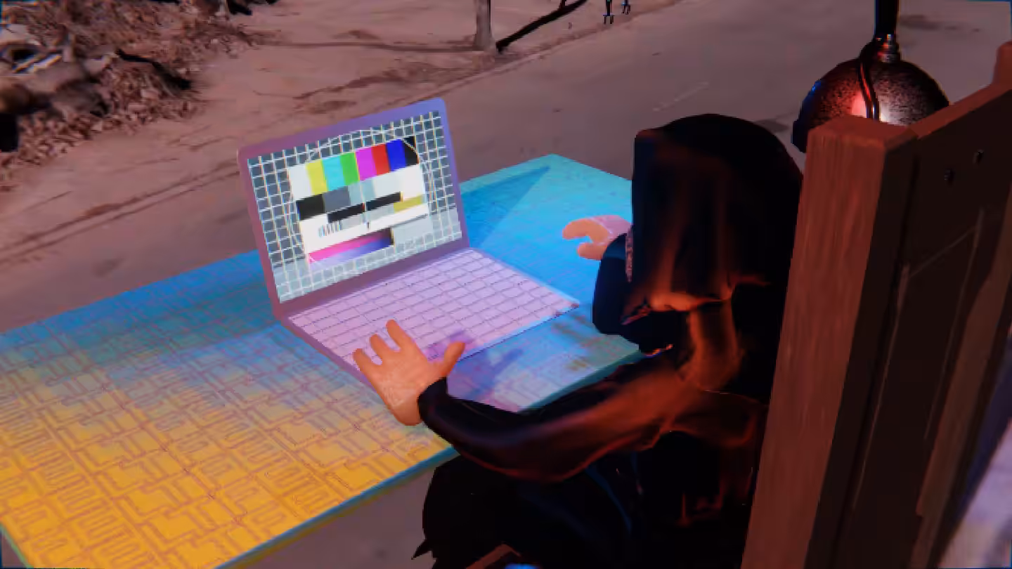 Desktop #184: The Guru in the Electric Chair With a Drone and a Please Stand By Monitor on a Green FELT Zine Table in Conflict