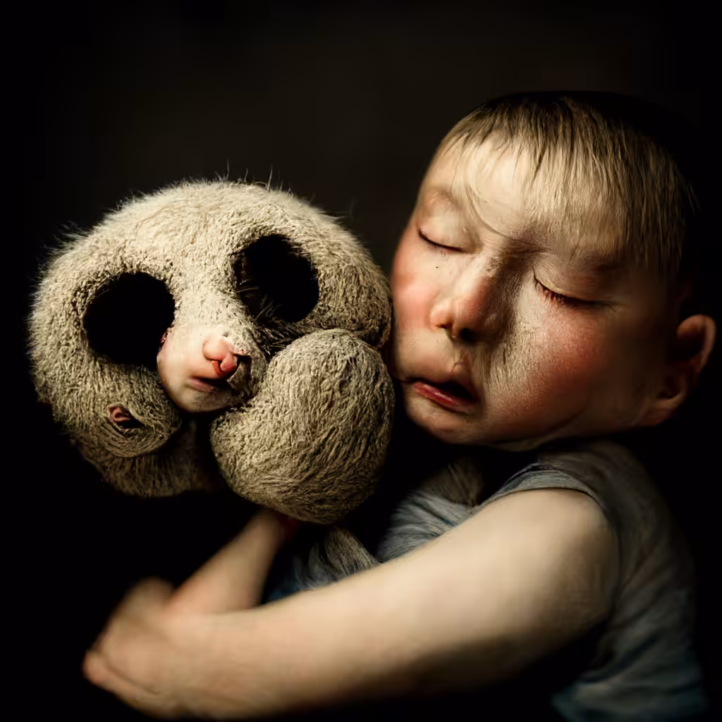 The child clung to the stuffed animal for protection, squeezing his eyes shut as he hid