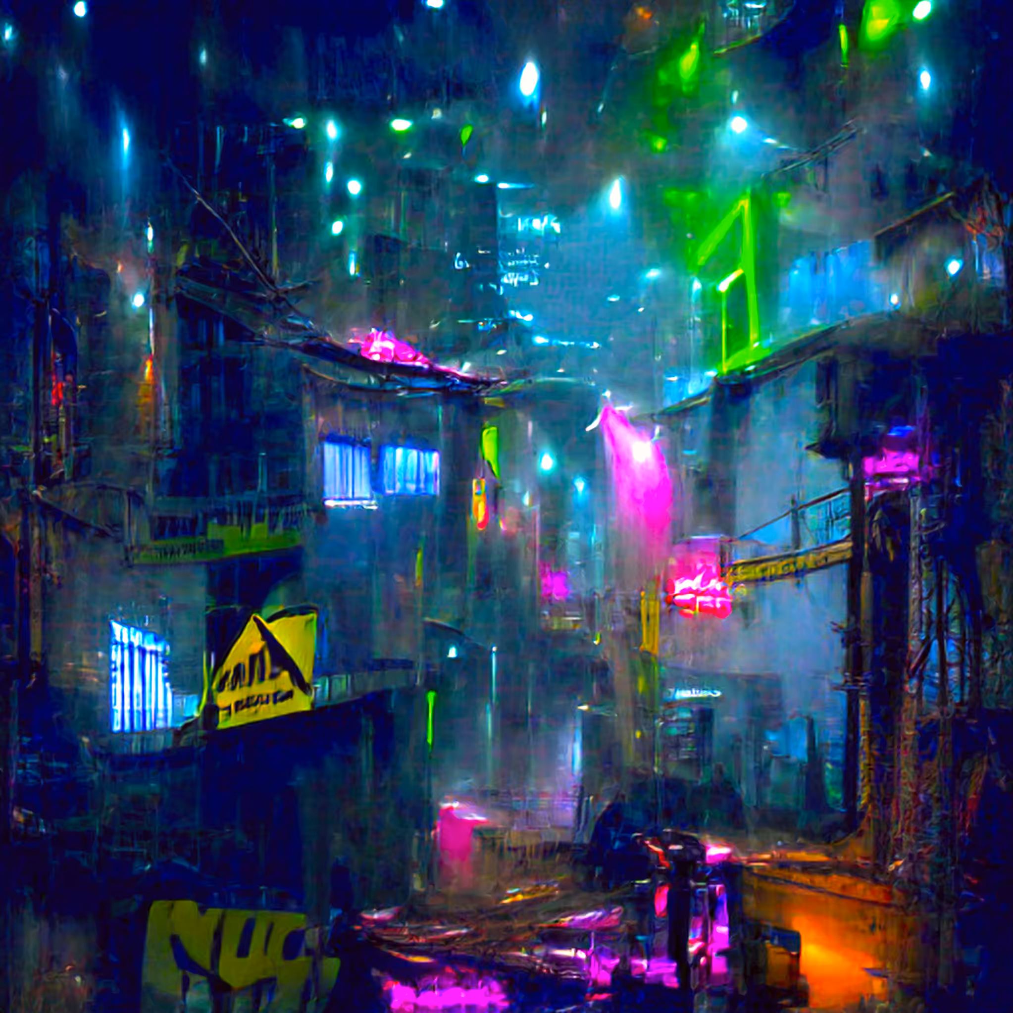 Bright neon night in a cyberpunk city
