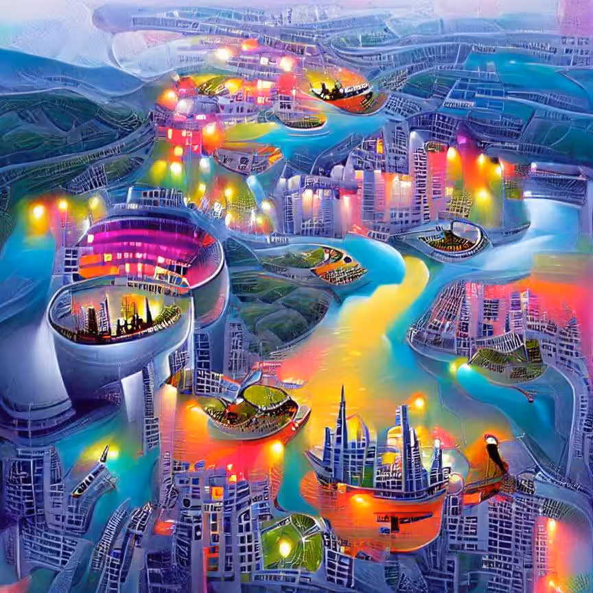 Birds-eye View of Futuristic City on River 02