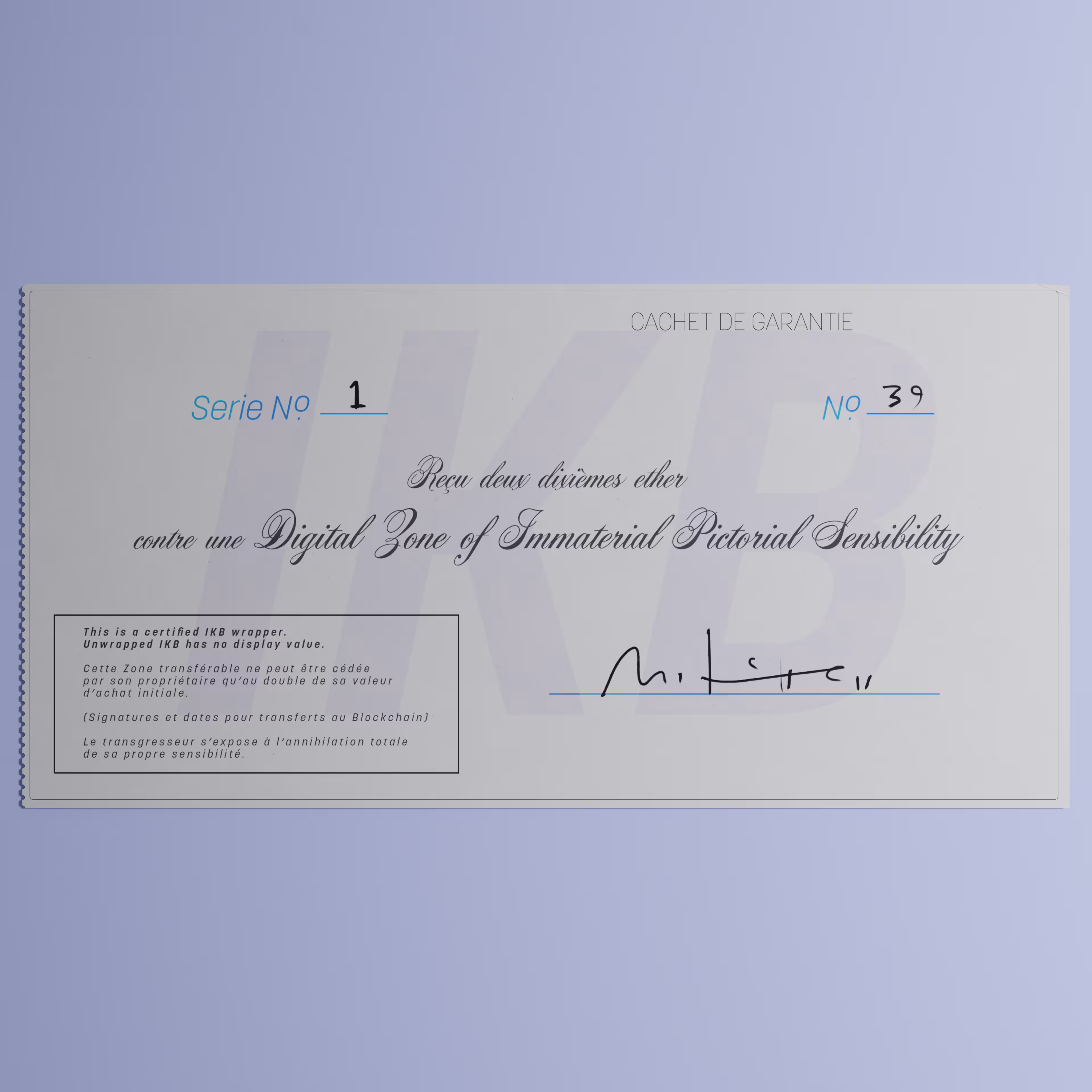 Digital Zone of Immaterial Pictorial Sensibility, Series 1, Edition 39. (Wrapped)