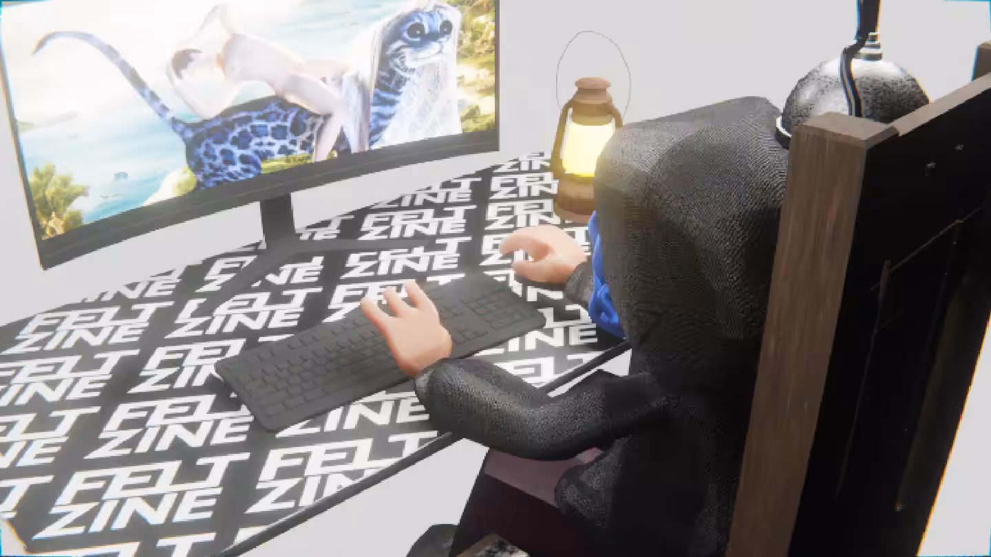 Desktop #151: The Hacker in the Electric Chair With a Gas Lamp and a Kitty Monitor on a Felt Zine Table in The Void