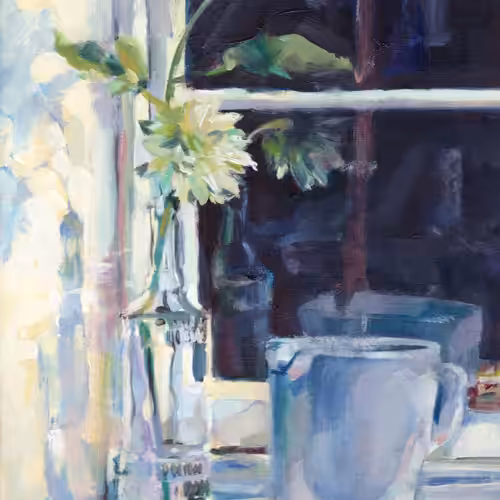 White Flowers On Window Pane By Night