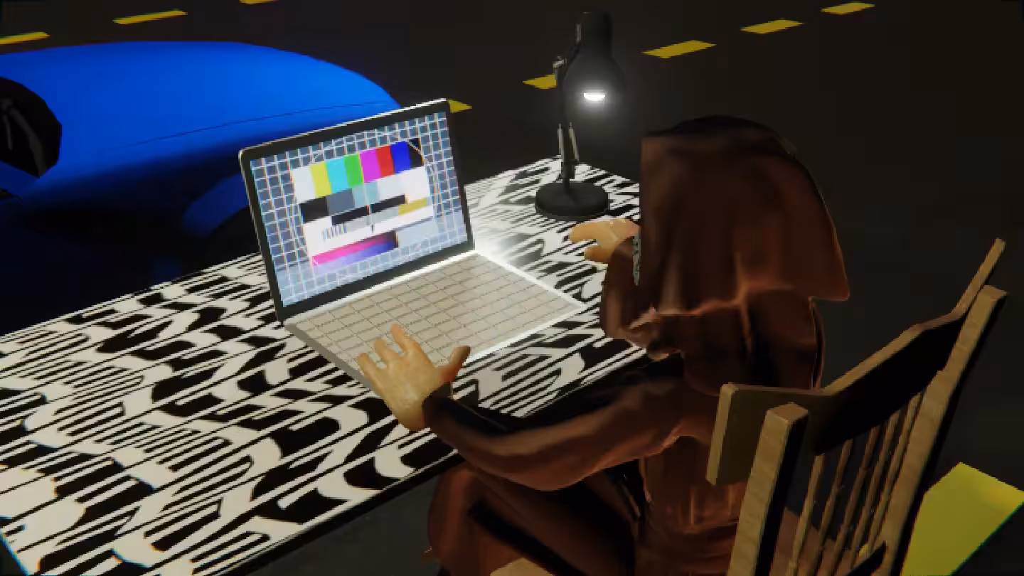 Desktop #190: The Guru in the French Wood Chair With a Desk Lamp and a Please Stand By Monitor on a Pattern Table in The Streets