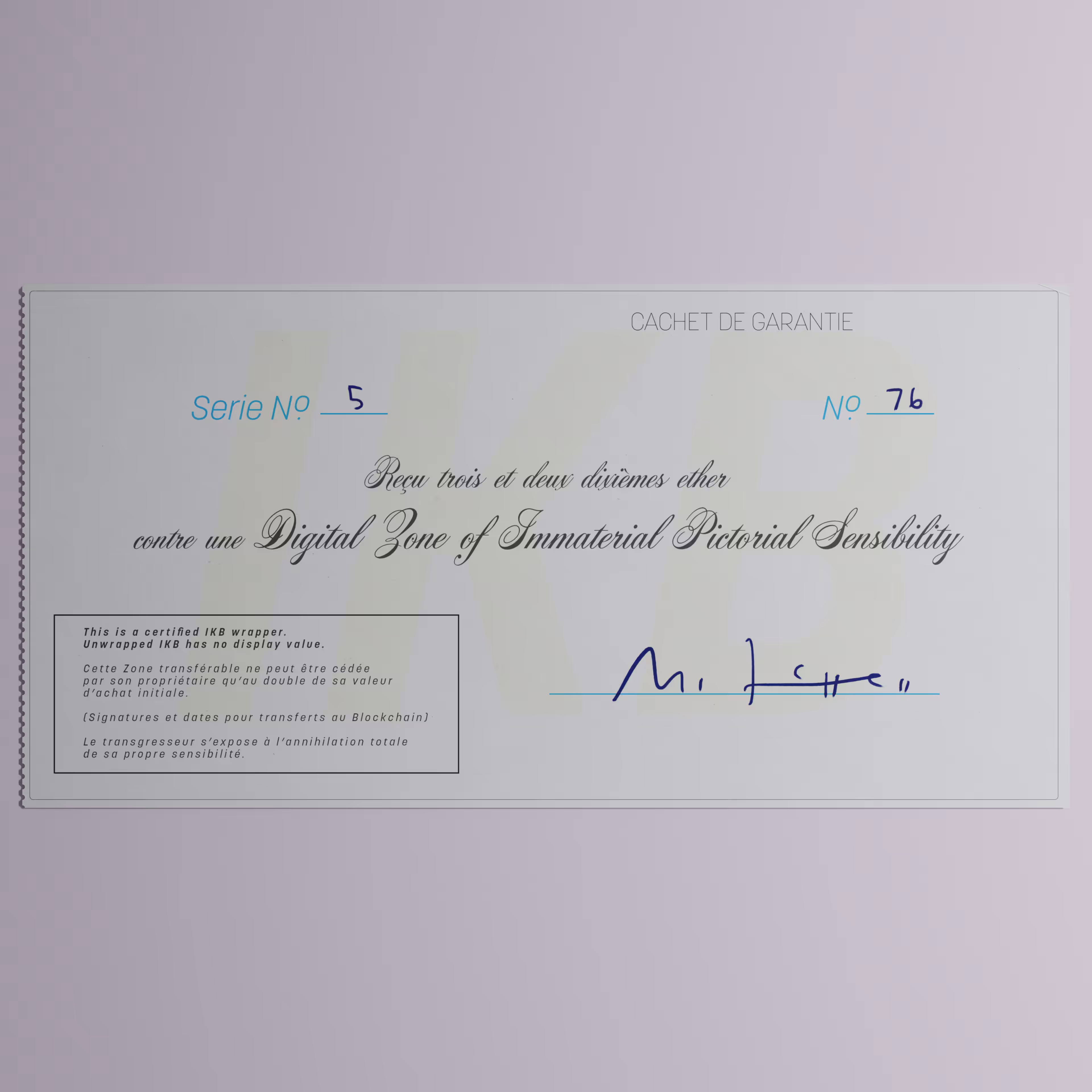 Digital Zone of Immaterial Pictorial Sensibility, Series 5, Edition 76. (Wrapped)