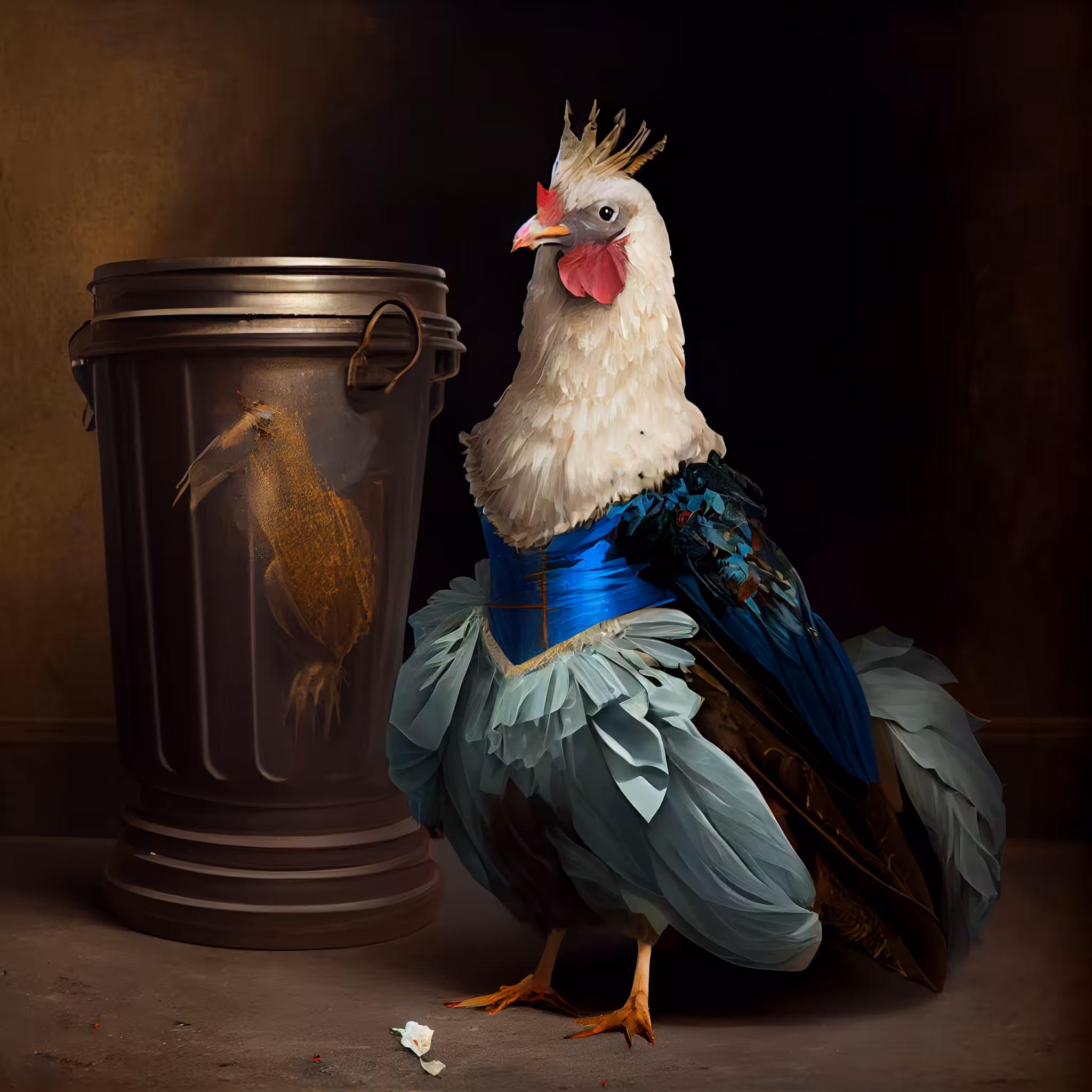 An elegantly dressed chicken next to a toter