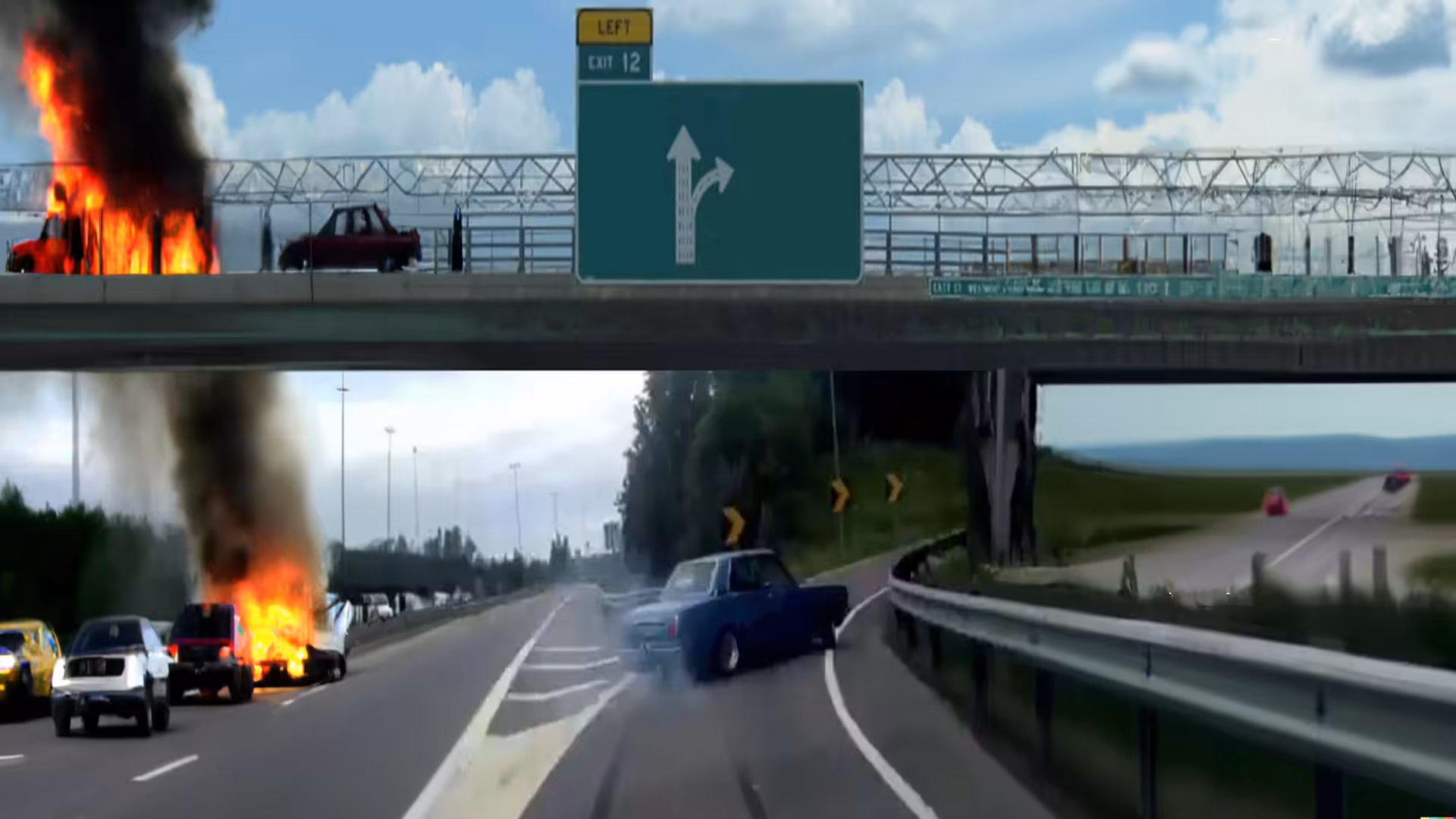 Car Driving Off Freeway to Nowhere 