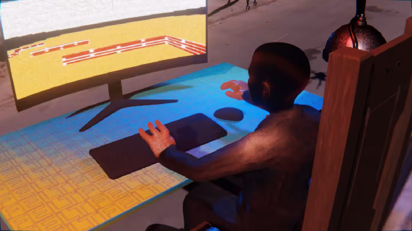Desktop #1: The Business in the Electric Chair With a Drone and a Maze Monitor on a Green FELT Zine Table in Conflict