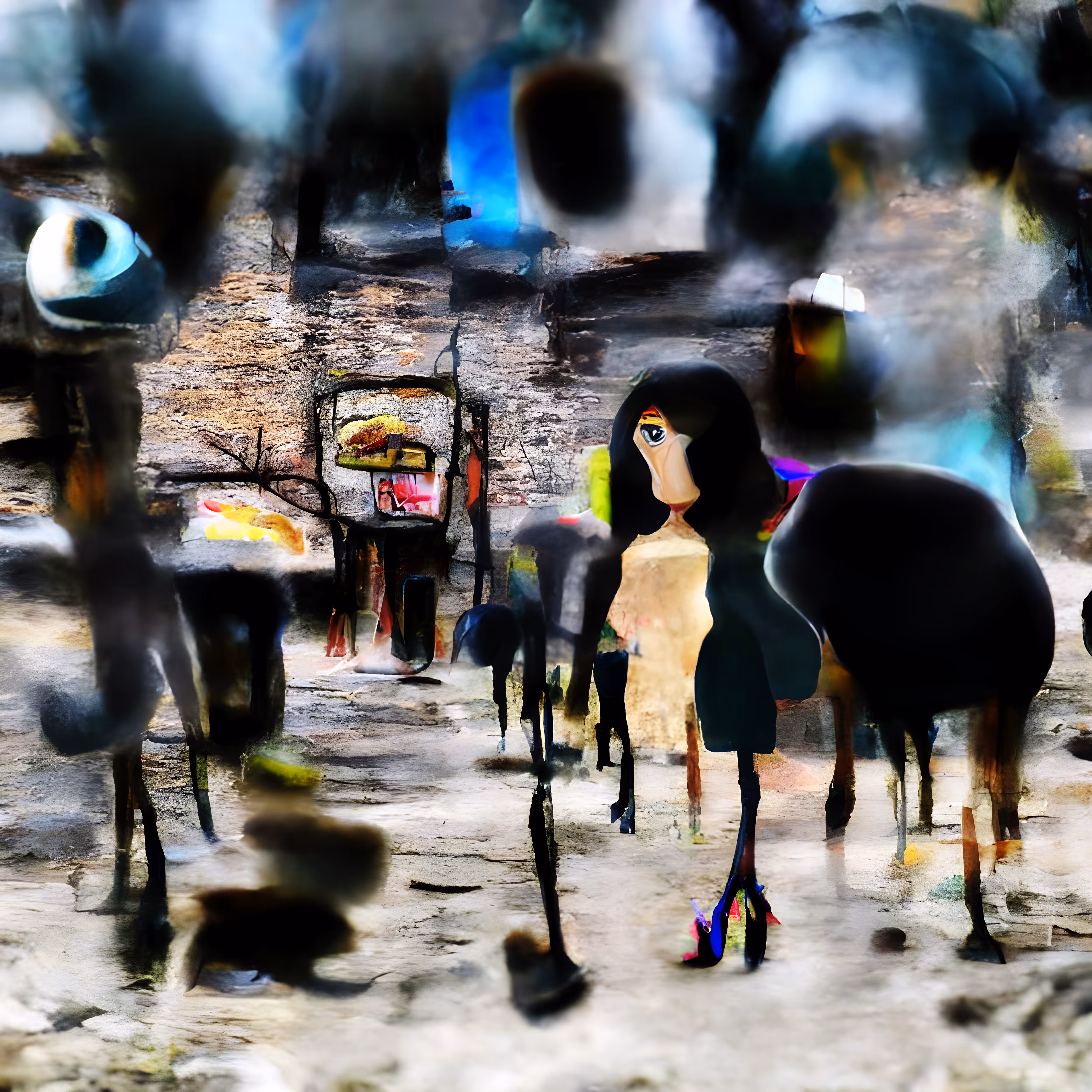 Long Black Hair and Colorful Heels in That Gray Urban Morning