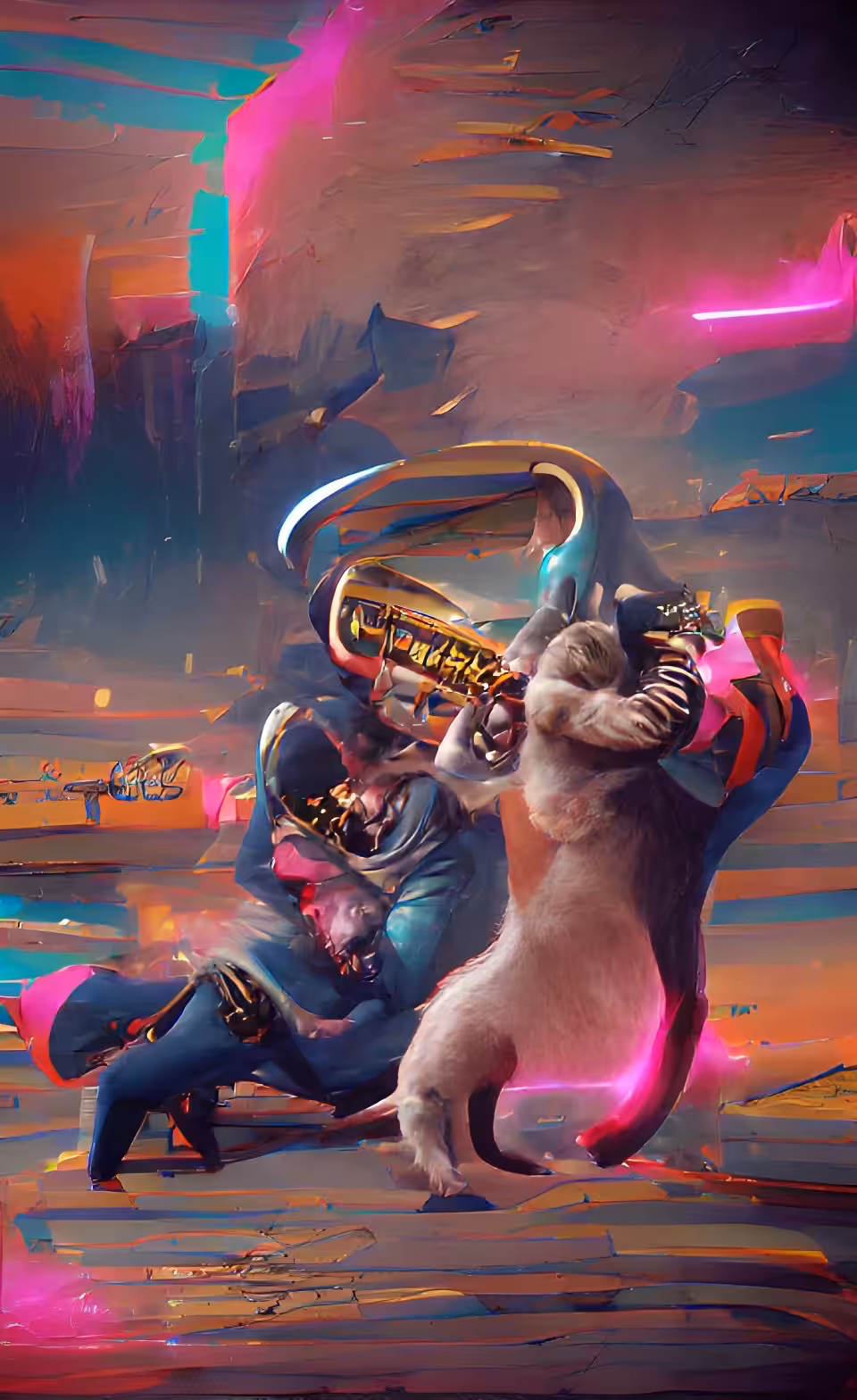 cats fighting a man playing the tuba