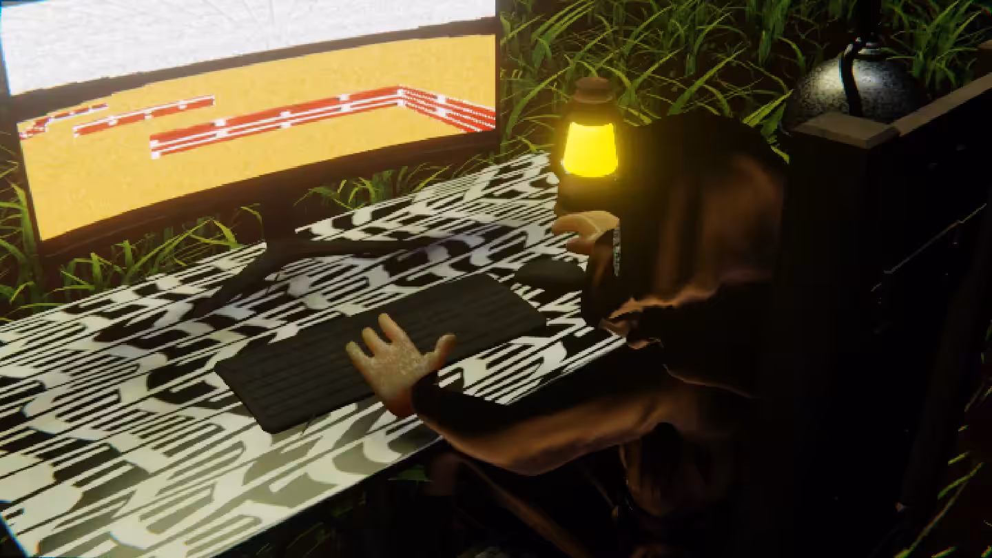 Desktop #319: The Guru in the Electric Chair With a Gas Lamp and a Maze Monitor on a Pattern Table in The Forest