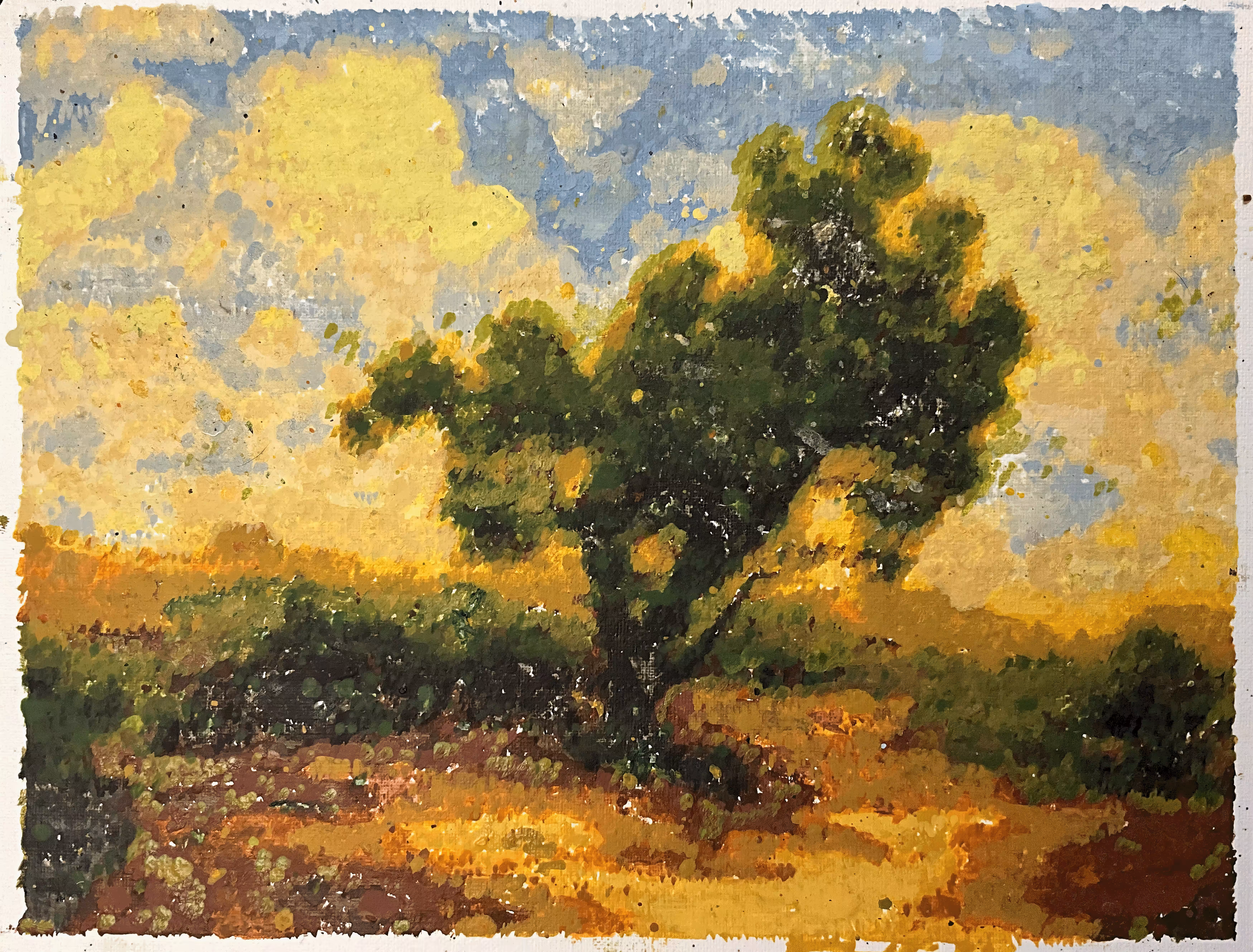 A prominent tree, with a clear sky background with some clouds. The dominant colors are warm shades of yellow and gold, suggesting sunset or sunrise lighting