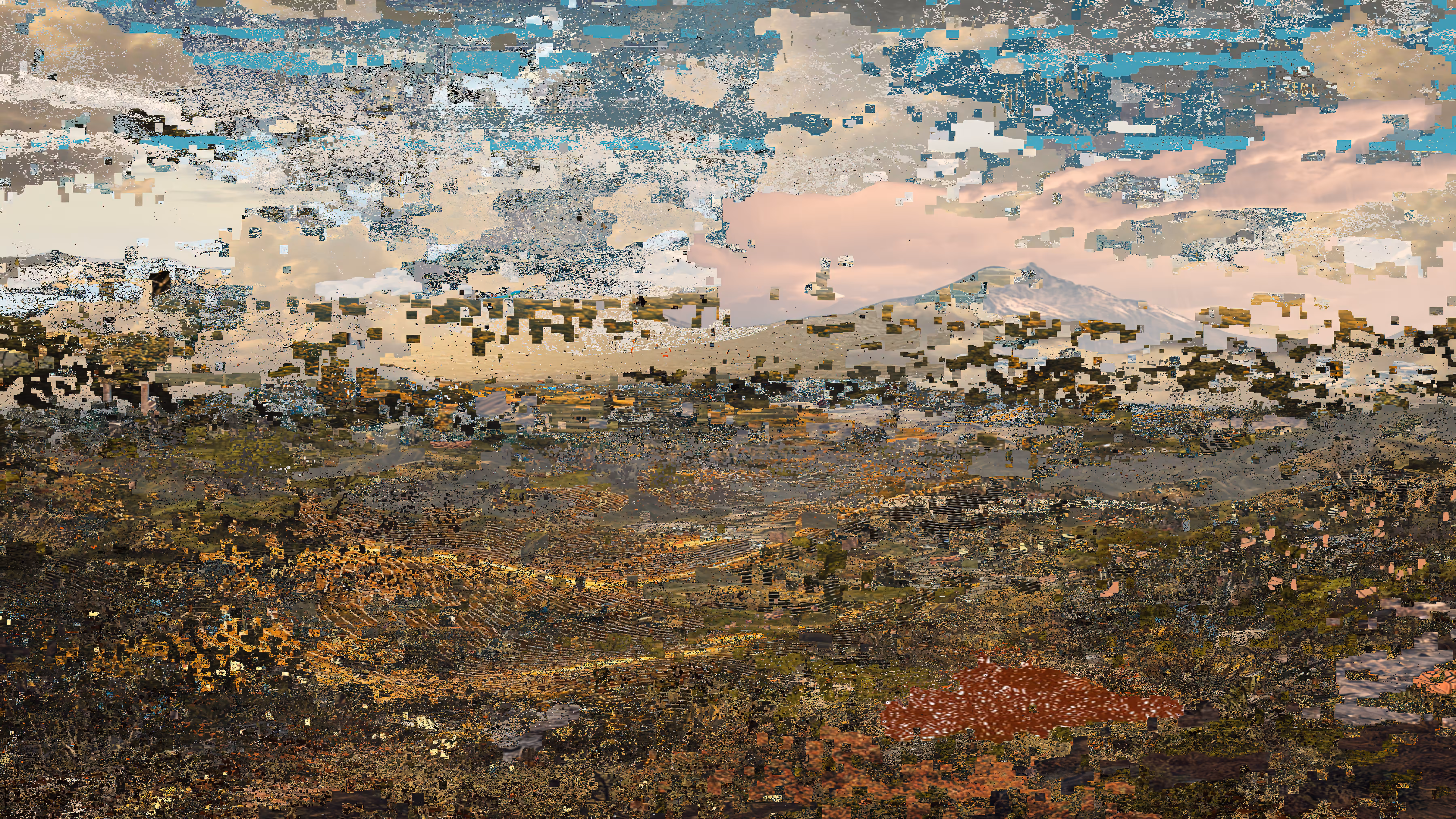 Digital landscape composed of fragmented pixels in earthy, green, and sky-blue tones, featuring layered textures and atmospheric gradients that evoke a mountainous scene under a pastel sky.