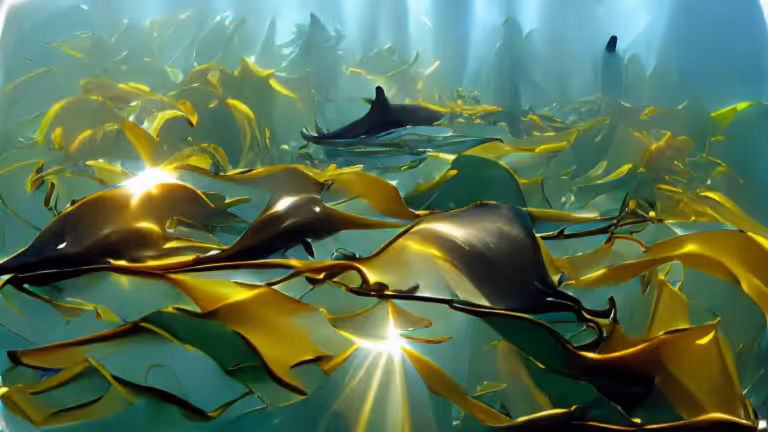 As dolphins play, rays of sun pierce the vast dense kelp forest (pixray_genesis)