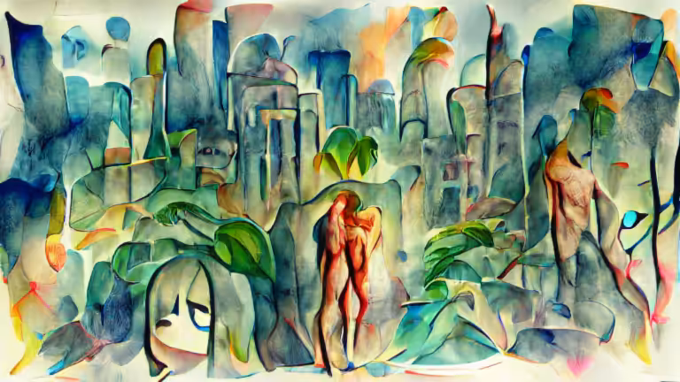 Adam and Eve Paradise Lost | Metropolis | Watercolor (pixray_genesis)