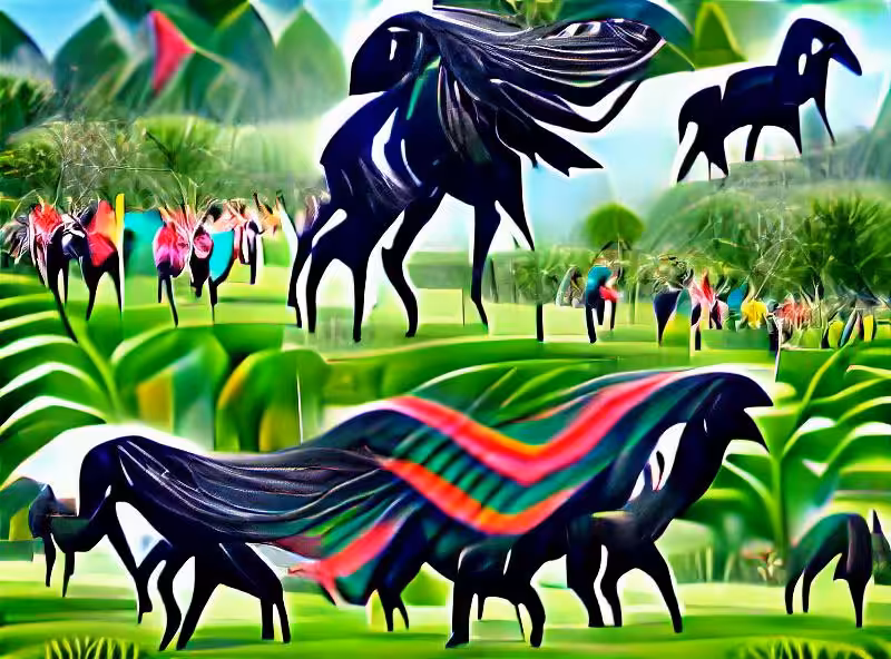 Abraham's First Works: A beautiful, giant, black horse, with textile wings, running in a verdant field towards 9 funky musicians