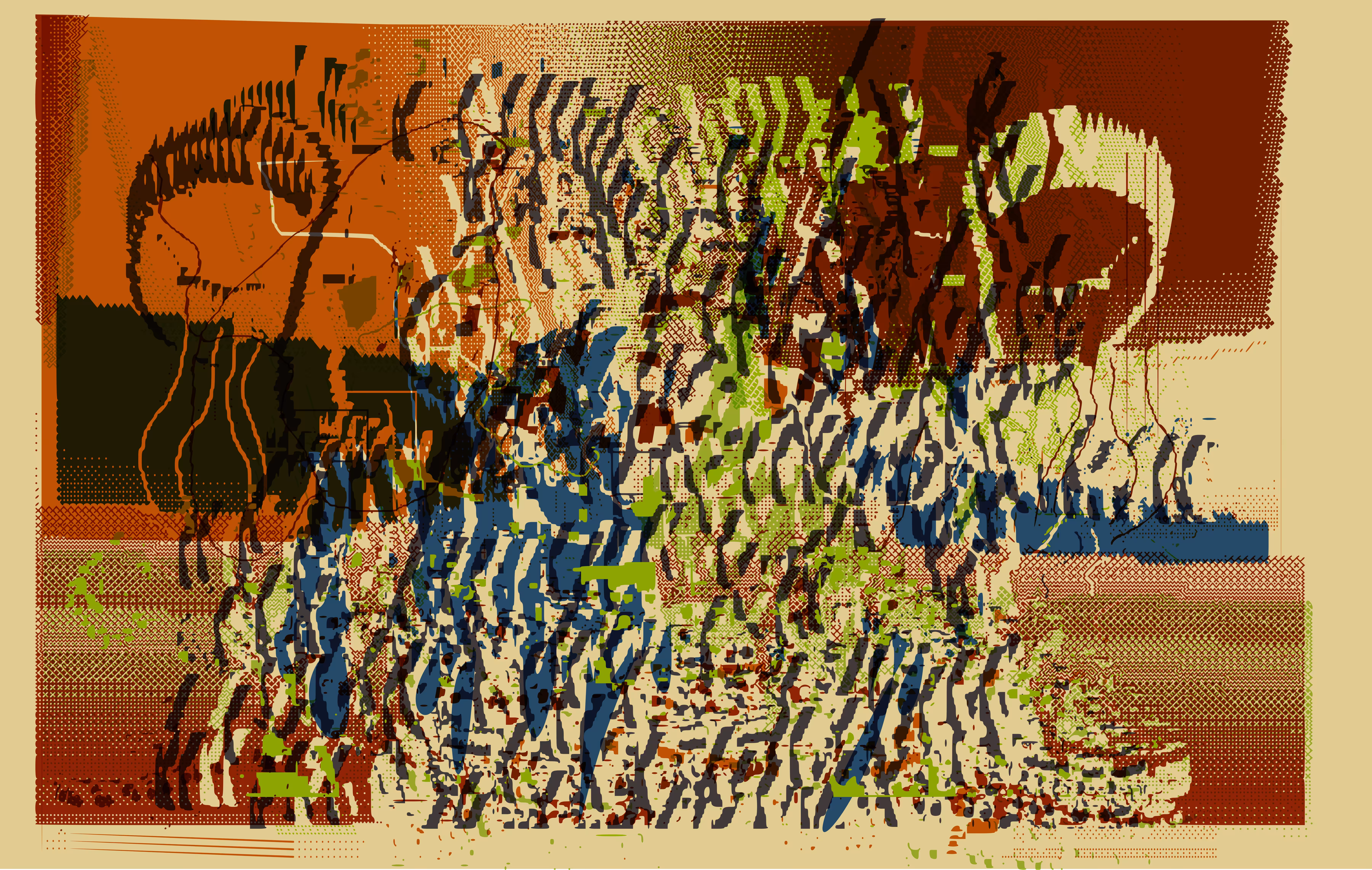 sunset in the building that grew spontaneusly in a cross stitch  