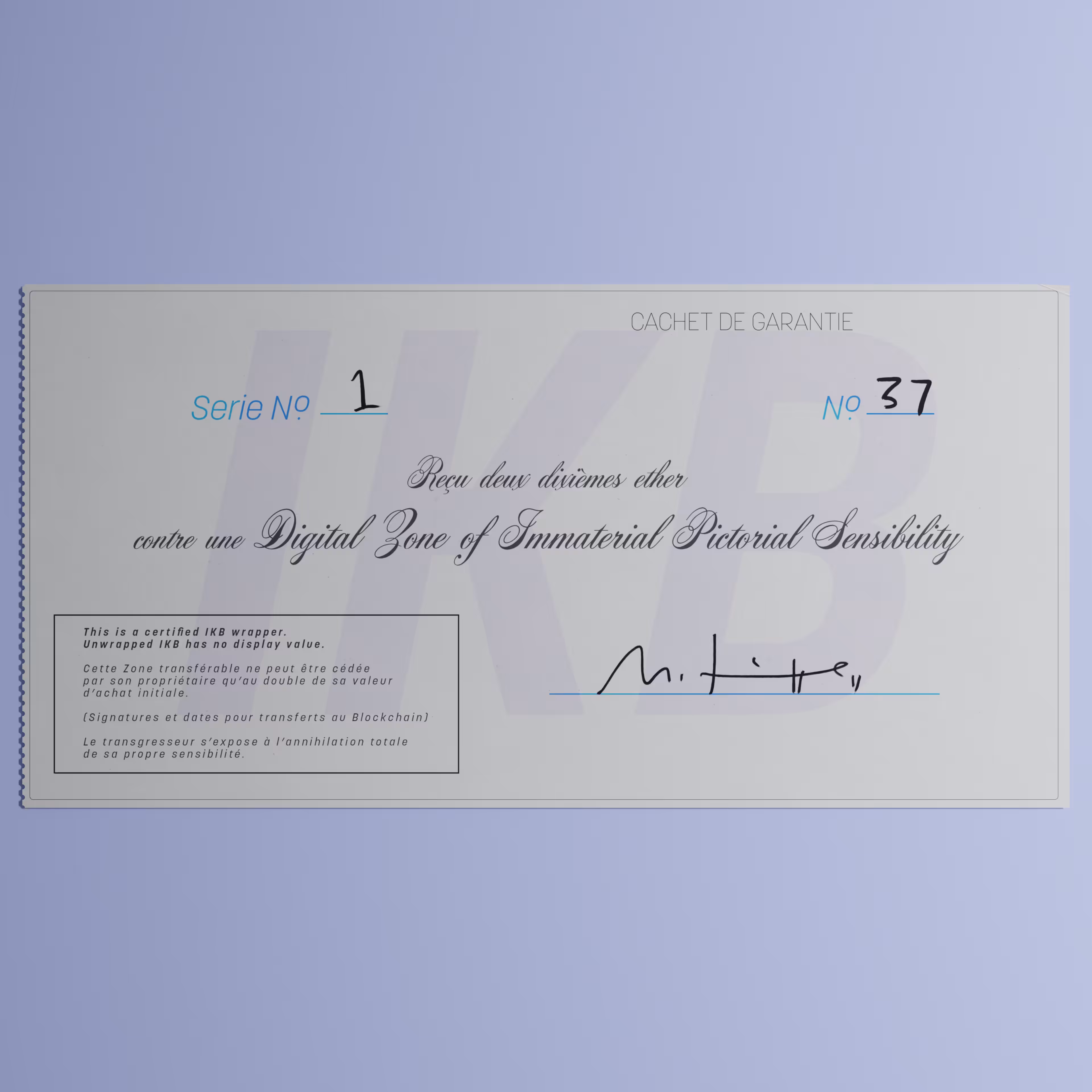 Digital Zone of Immaterial Pictorial Sensibility, Series 1, Edition 37. (Wrapped)