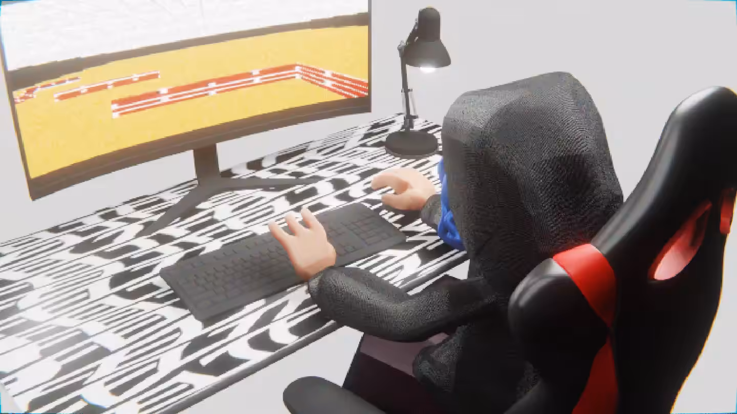 Desktop #125: The Hacker in the Gaming Chair With a Desk Lamp and a Maze Monitor on a Pattern Table in The Void