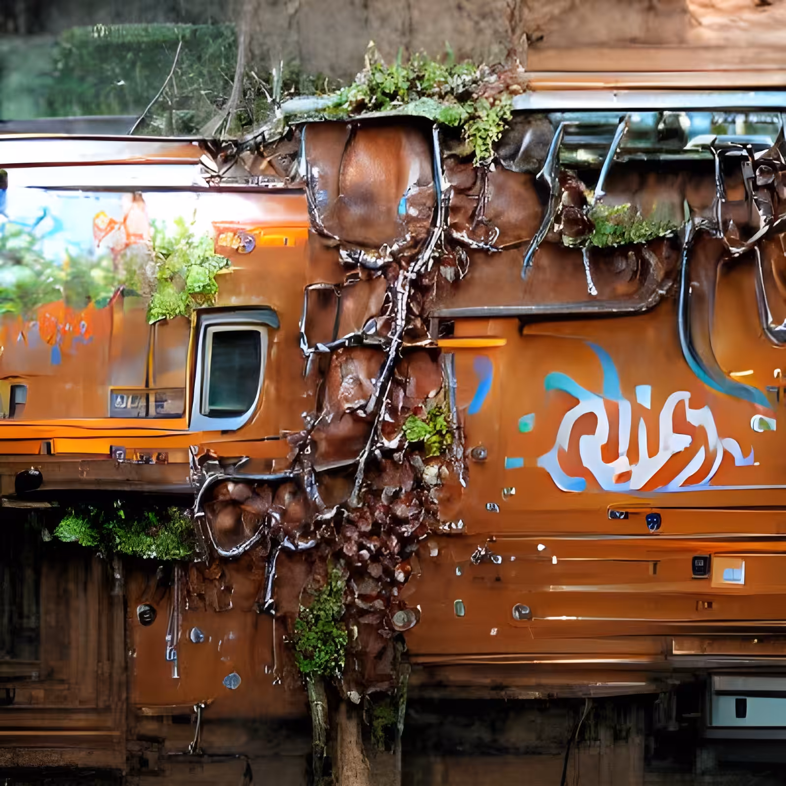 Rusted train covered in graffiti and vines