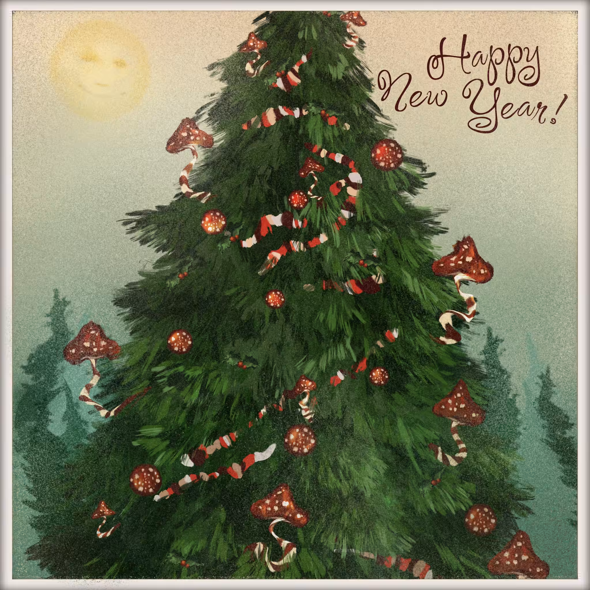Postcard Christmas amanita "Happy new year "