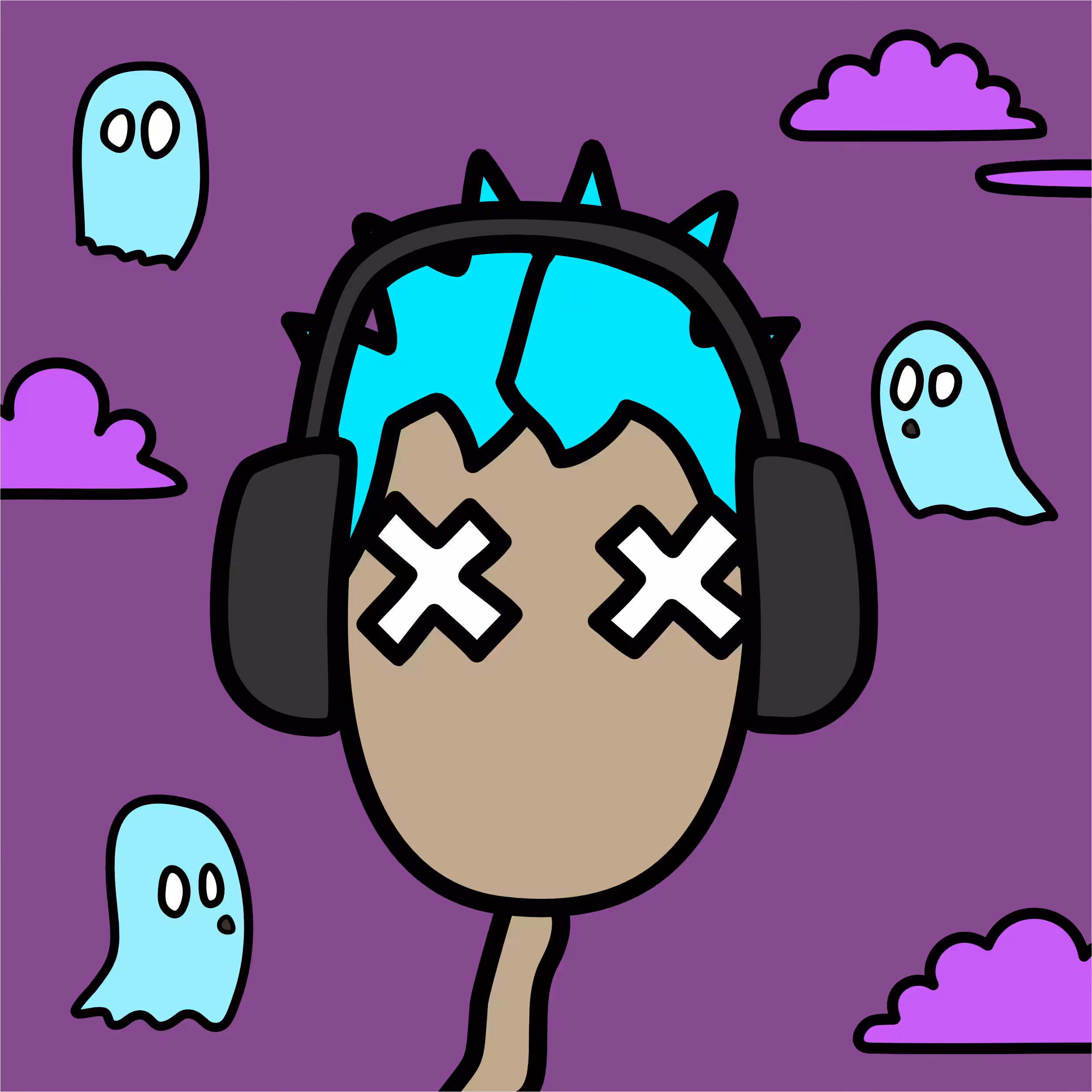 Boy and ghosts in clouds