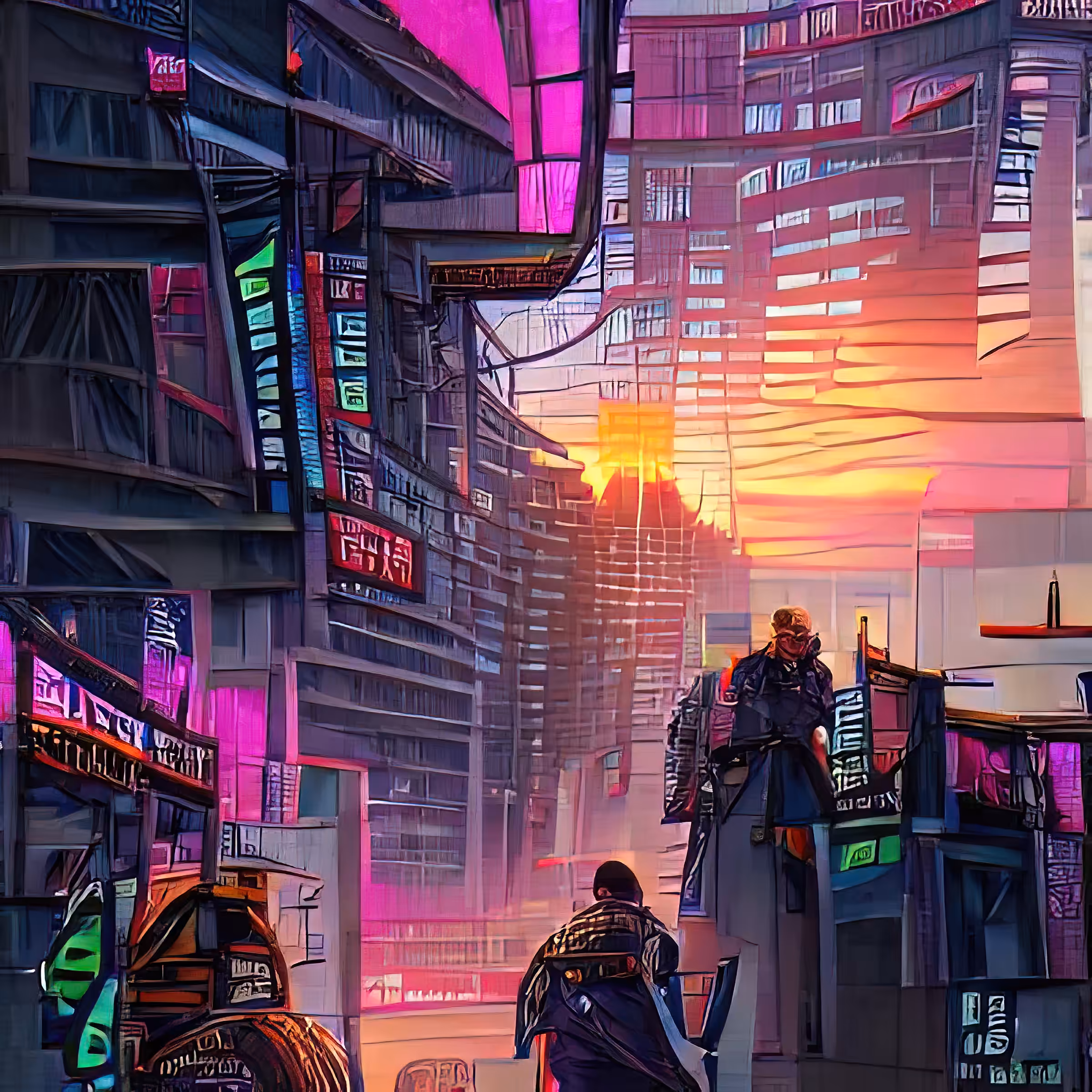 streets of cyberpunk city at sunset dJOGXlagFXOzKydvE5NW